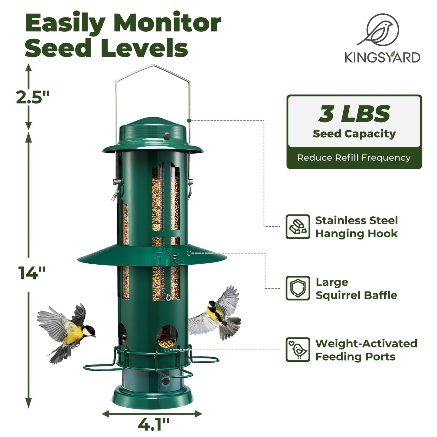 Kingsyard Squirrel Proof Bird Feeders with Weight-Activated Perches, Metal Wild Bird Feeder for Outdoors Hanging, 3 lb Large Seed Capacity, Green