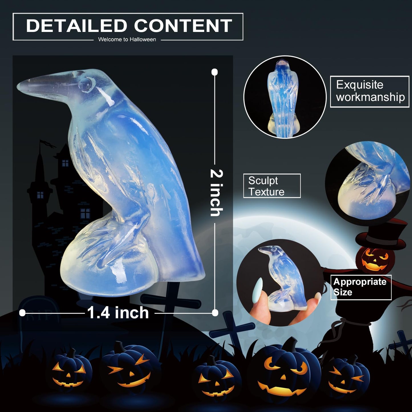 Hguxmcu Opalite Raven Statue,2 Inch Mystical Crow Sculpture Gothic Home Decor,Spiritual Totem Art Healing Crystal Figurine Witchy Altar Decor Dark Academia Collectible