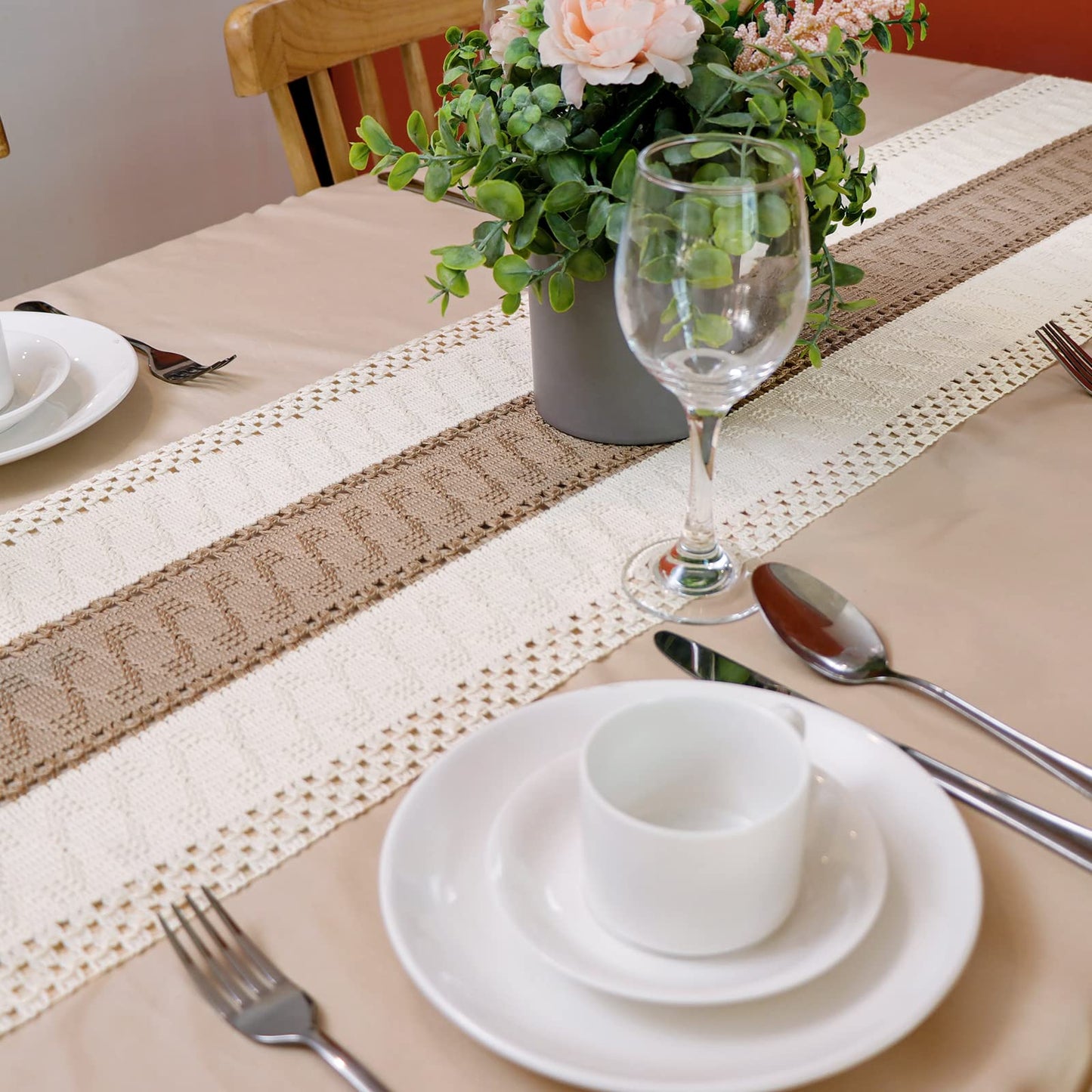 OurWarm Macrame Table Runner Farmhouse Style, Natural Burlap Boho Table Runner Modern Farmhouse Decor Rustic Woven Cotton Crochet Lace for Bohemian, Rustic,Bridal, Shower Wedding, Dinner, 72" x 12"