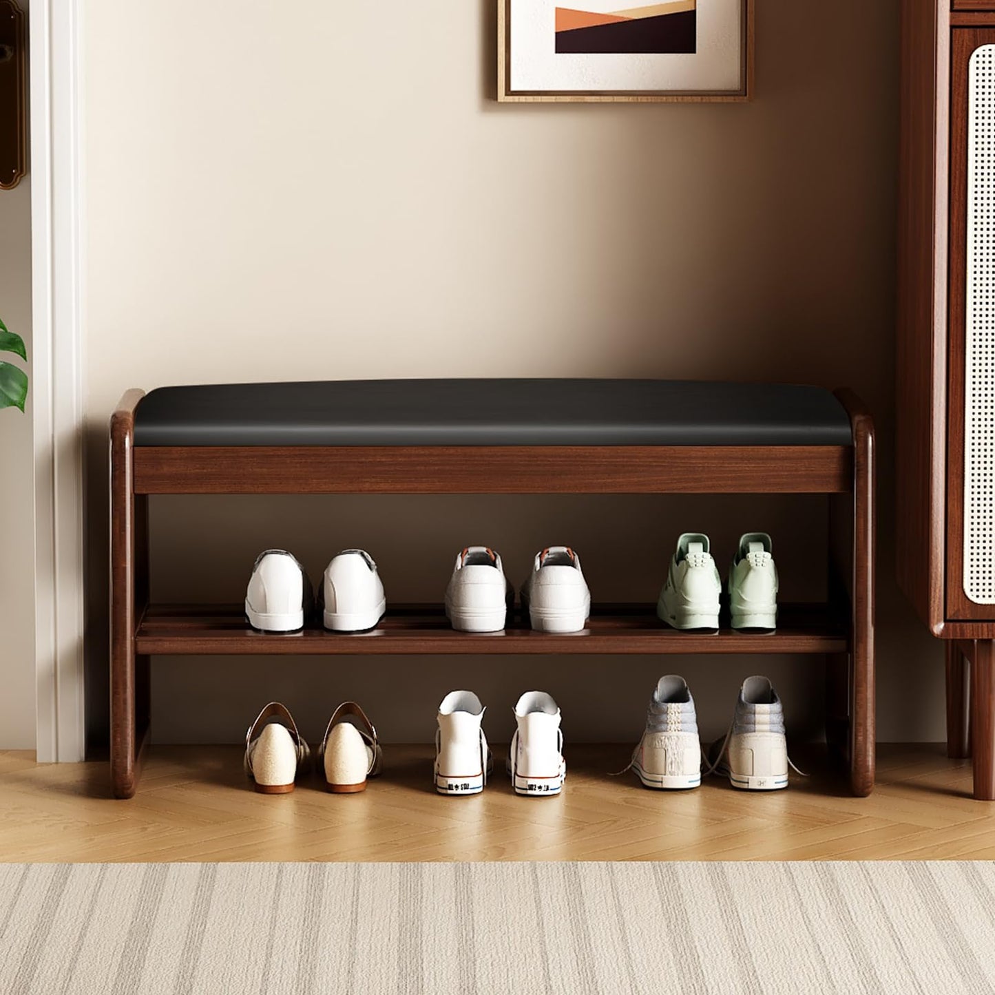 HOOTSMALL Wooden Shoe Storage Bench with Padded Top Cushion, Two-Tier Wooden Shoe Rack, Suitable for Bedrooms and Living Rooms, Black Walnut(31.5'')