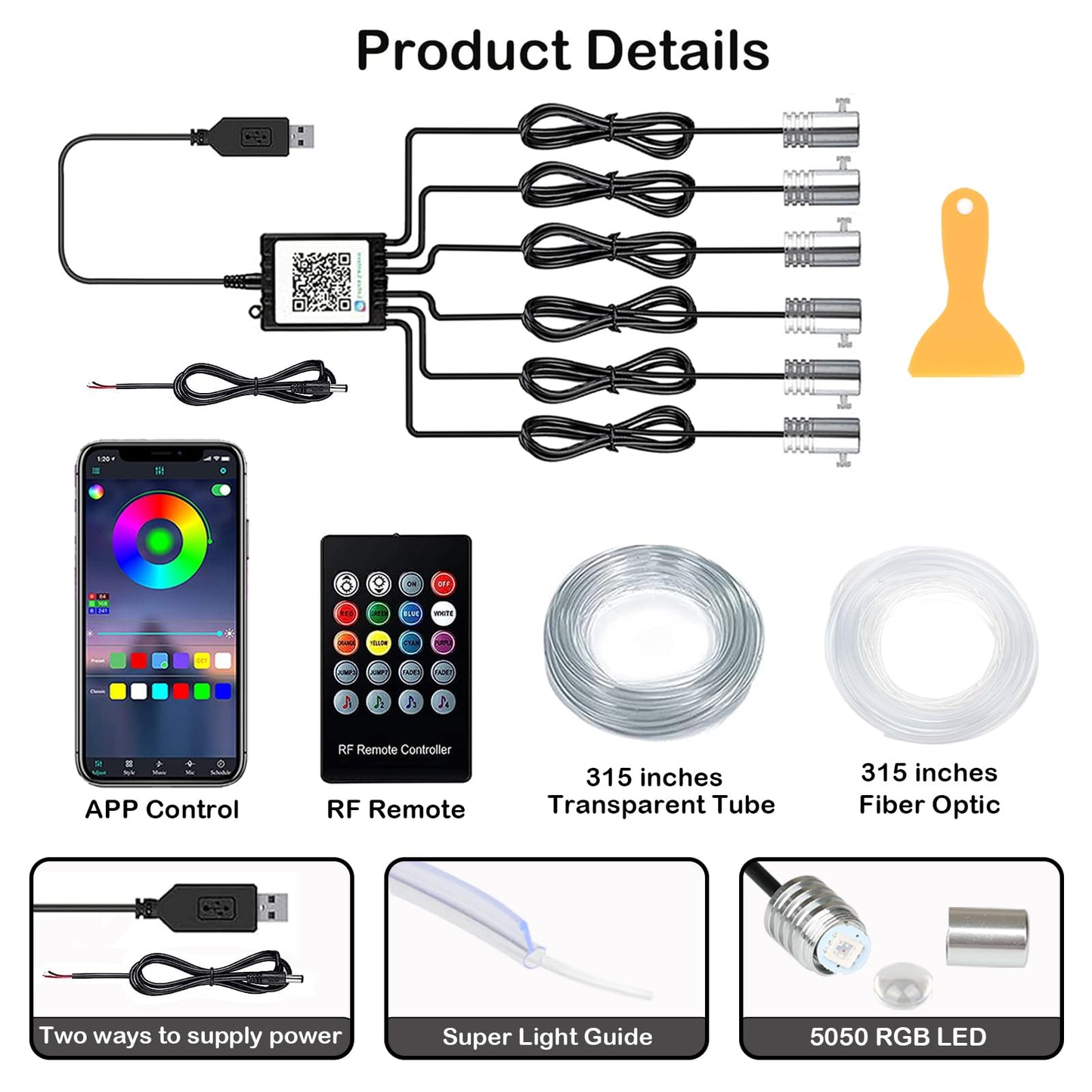DEHERANE Interior Car LED Strip Lights, RGB 6 in 1 Ambient Lighting Kits with 315 inches Fiber Optic, 16 Million Colors Car Interior Lights with Wireless APP and Remote Control, Sync to Music