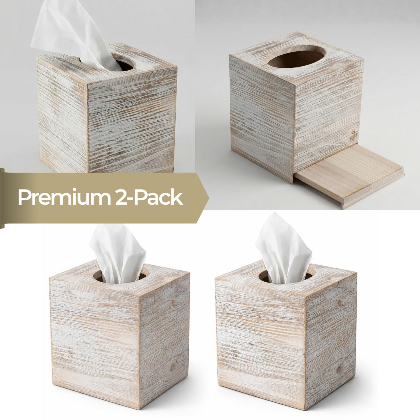 White Barnwood Tissue Box Cover: 2 Pack Tissue Box Holder Includes Slide-Out Bottom Panel, Stylish Tissue Box Cover Square Perfect for Farmhouse Bathroom Decor