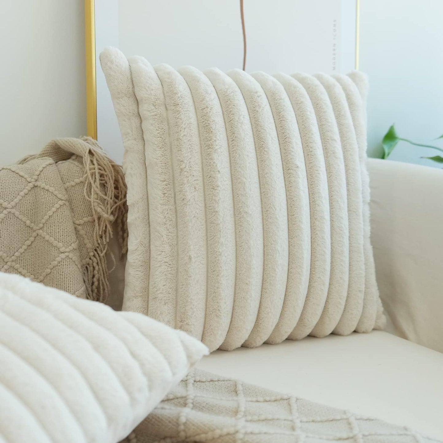 JOJUSIS Pack of 2 Faux Fur Plush Decorative Throw Pillow Covers Couch Cushion Case Soft Pillowcases (Beige, 18 x 18 Inch)