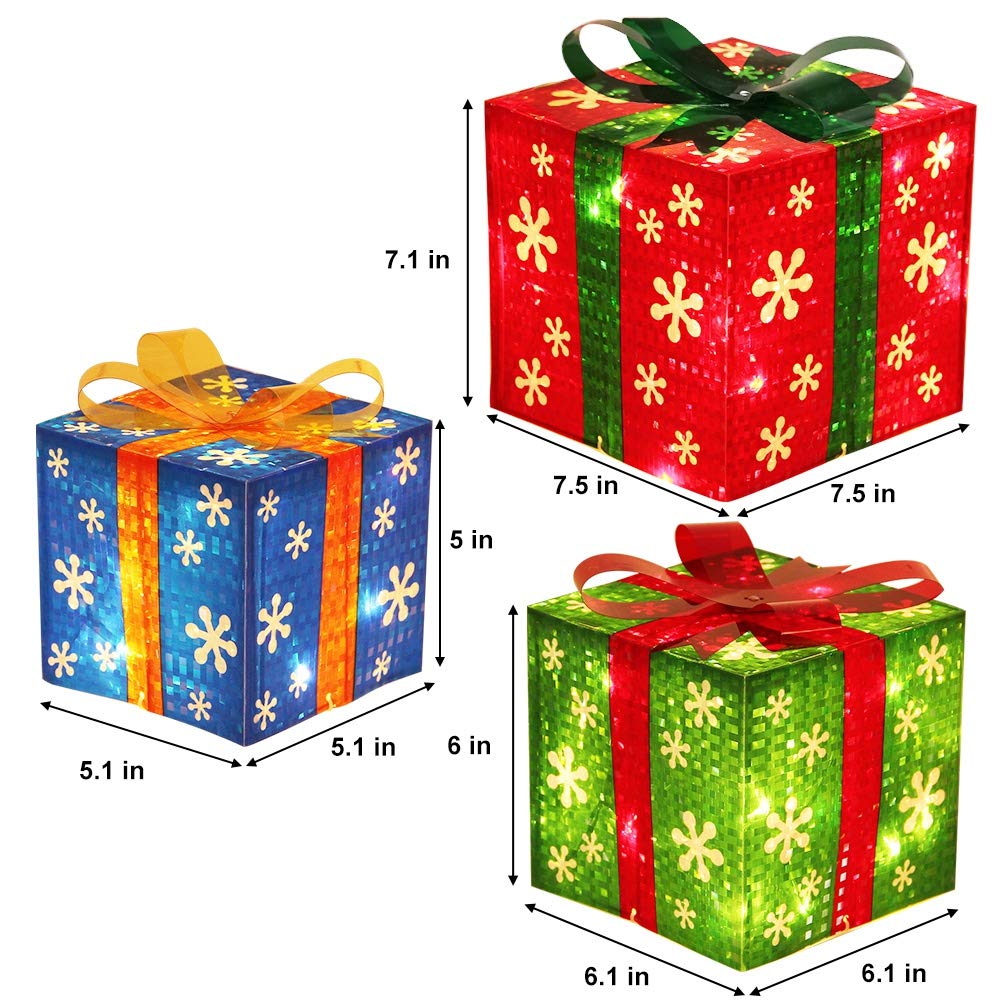 ATDAWN Set of 3 Lighted Gift Boxes Christmas Decorations, Red Green and Blue Present Boxes, Christmas Home Gift Box Décor