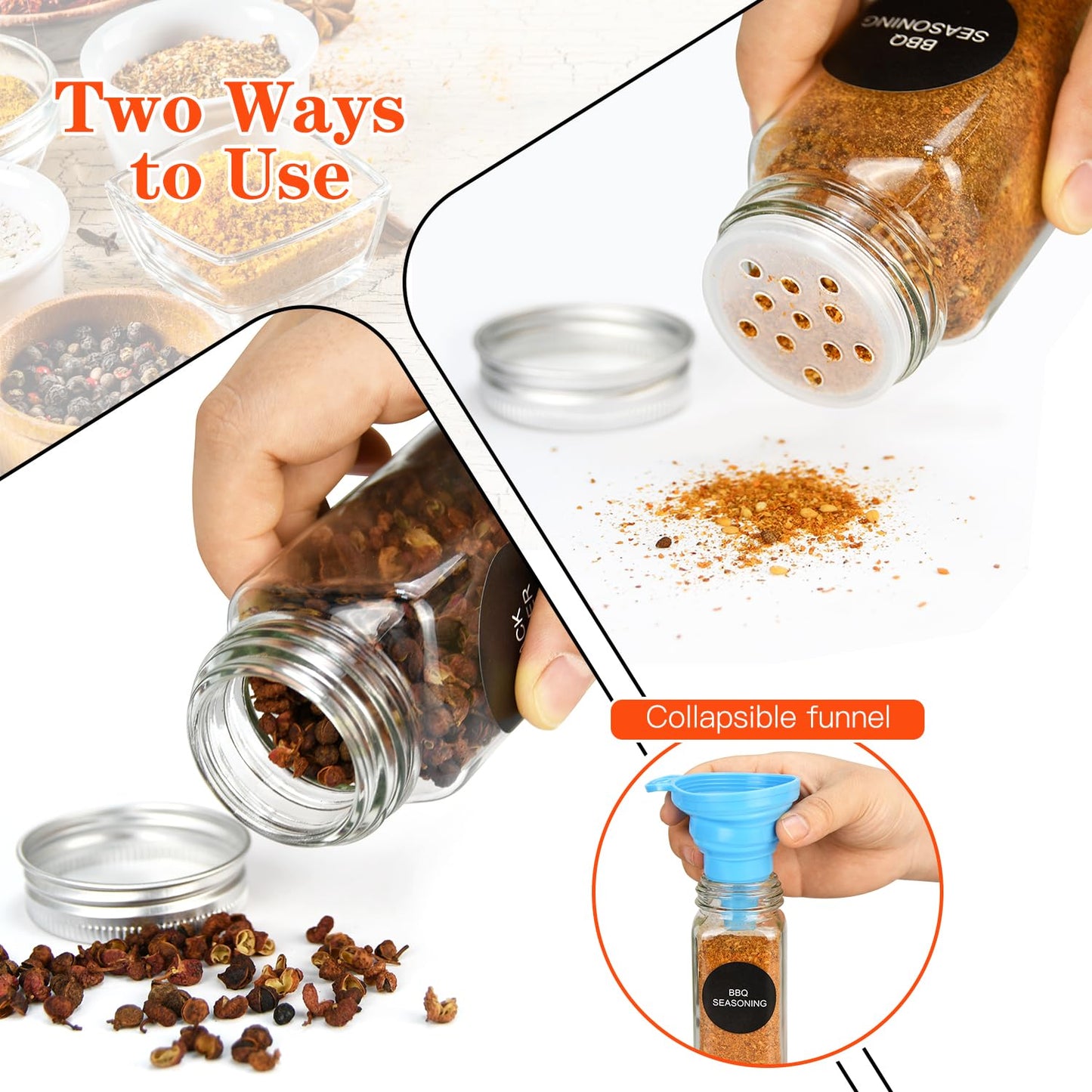 DkOvn 12pcs Glass Spice Jars, 4oz Empty Spice Jars with Metal Caps, Labels, Shaker Lids, Collapsible Funnel, Chalk Pen, Seasoning Organizer for Spice Rack