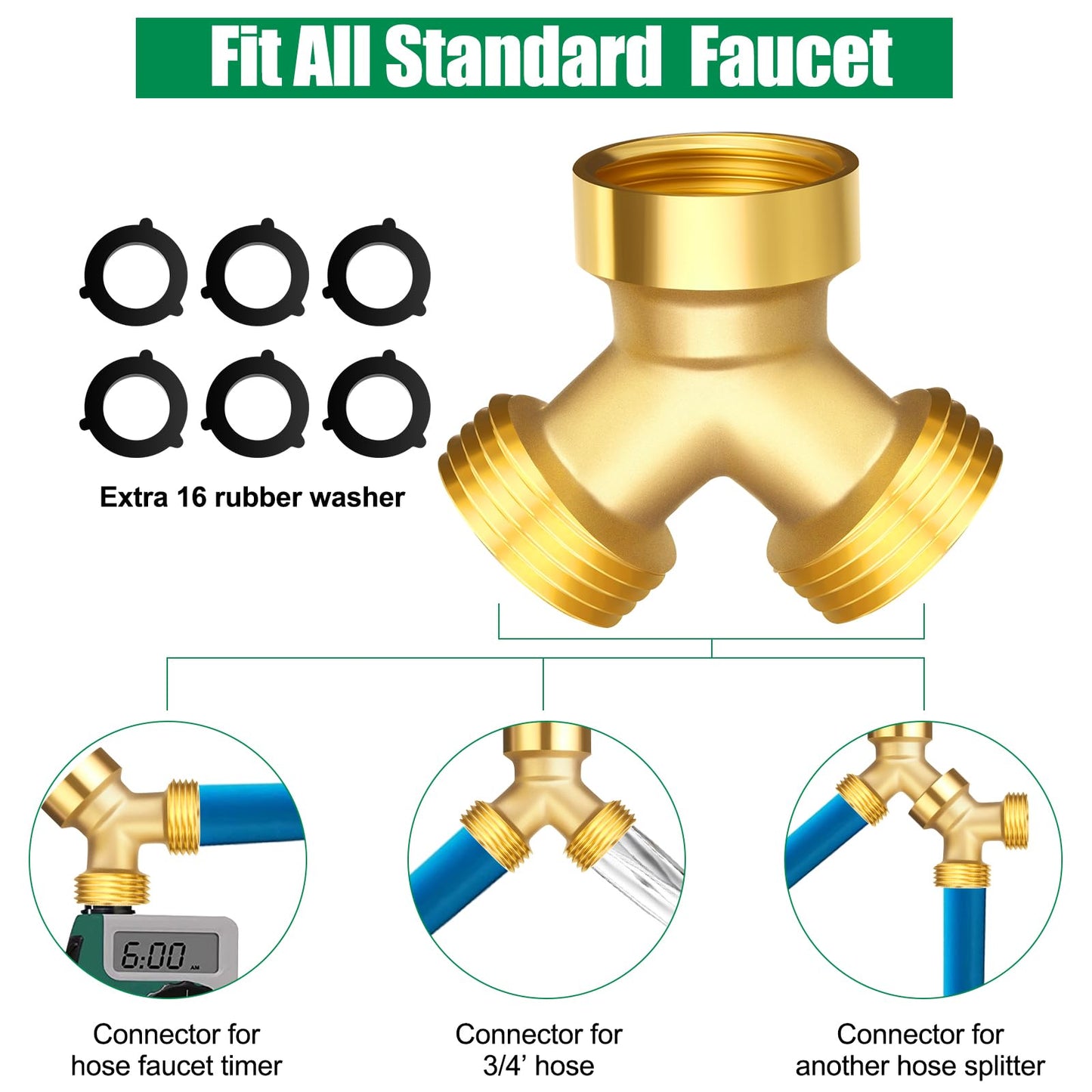 JaGely 8 Pack Garden Hose Splitter 2 Way Heavy Duty Brass Hose Spigot Adapter Y Valve Garden Hose Connector 3/4" Inch Thread Splitter Adapter with 16 Rubber Hose Washers