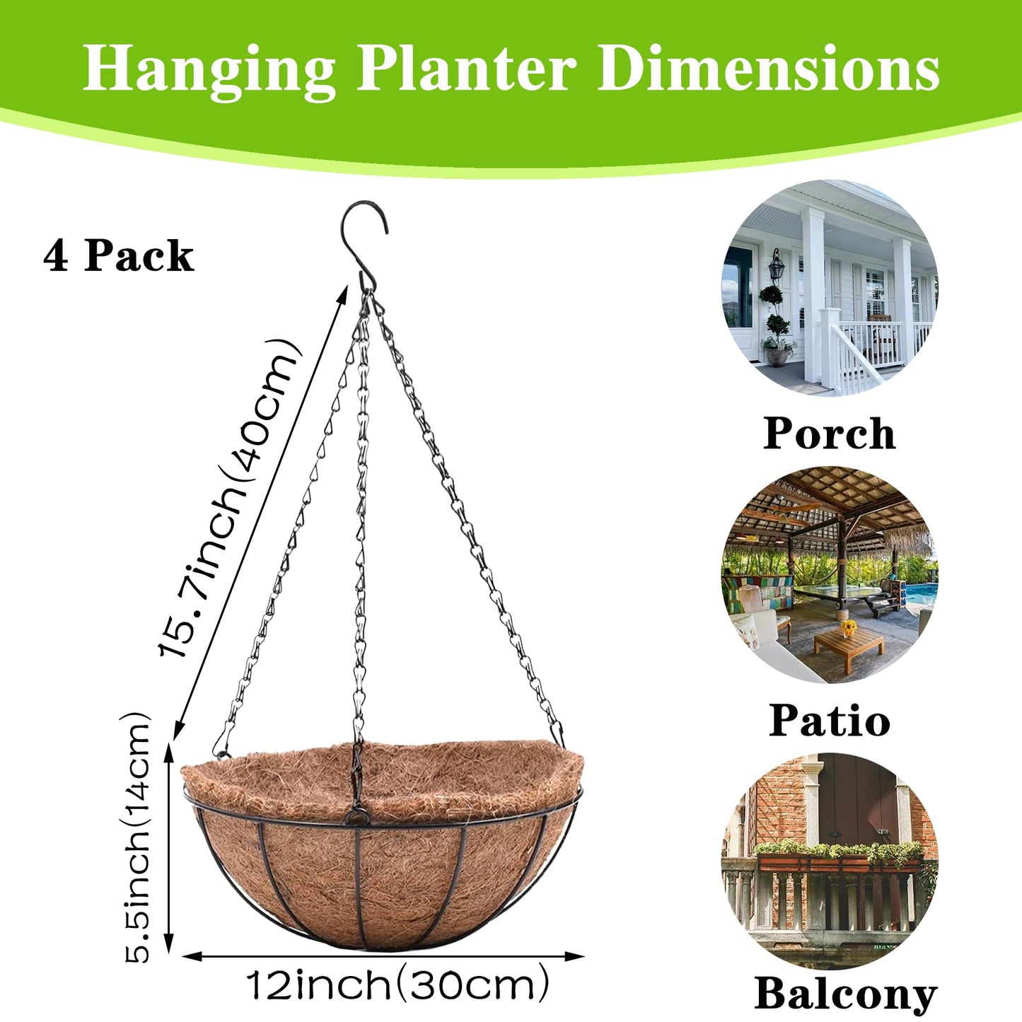 EIMQUVW 4 Pack Hanging Planter Basket Outdoor Large Hanging Flower Pots Indoor 12 inch with Coco Coir Liner Round Wire Plant Holder Chain Hanging Basket Garden for Home Decor Balcony Office1