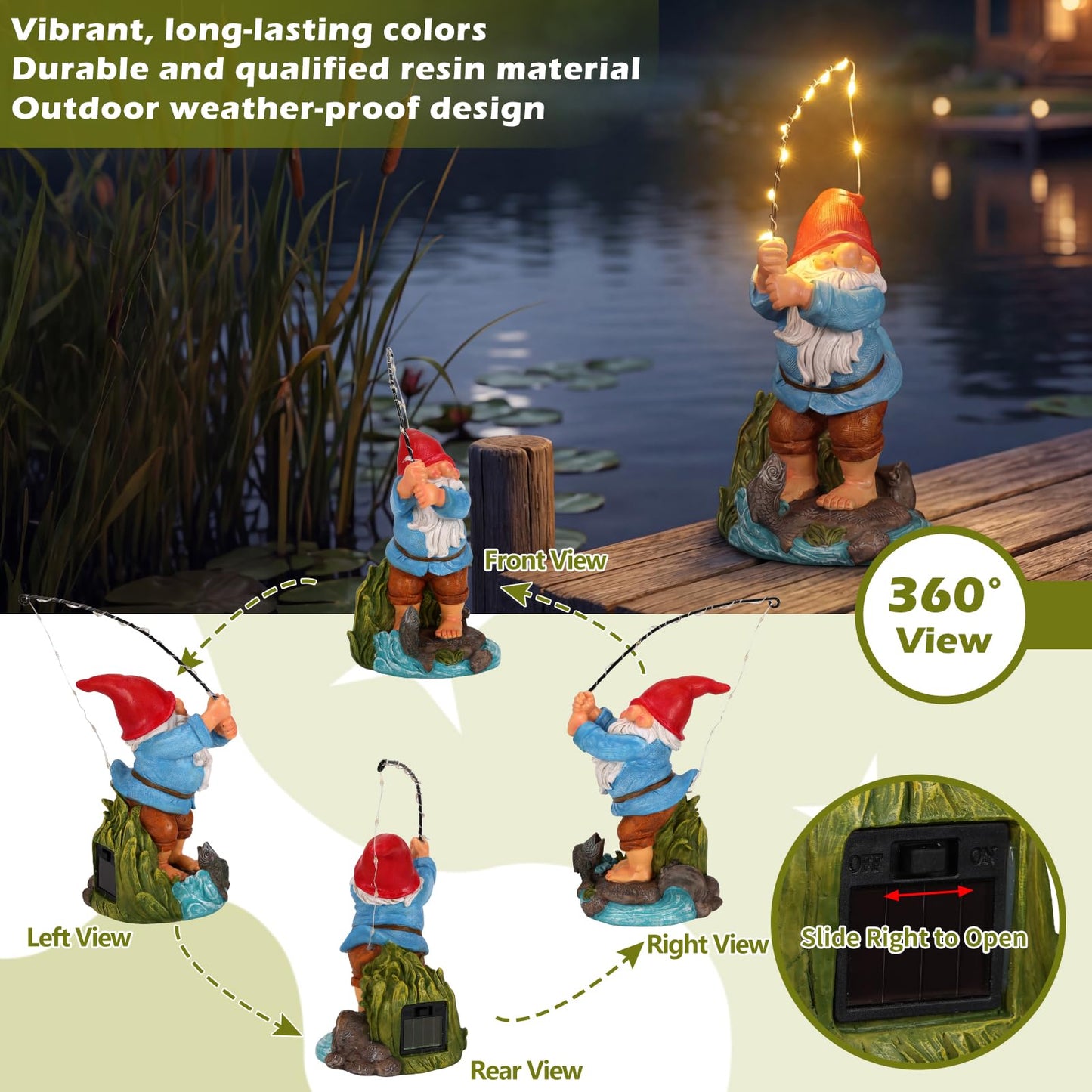EXYGLO Solar Gnome Garden Statue Decor, 8.5" Fishing Gnome Outdoor Funny Decoration for Lawn, Patio, Yard, and Unique Housewarming, Birthday Ornament Gift for Mother, Friend, Family