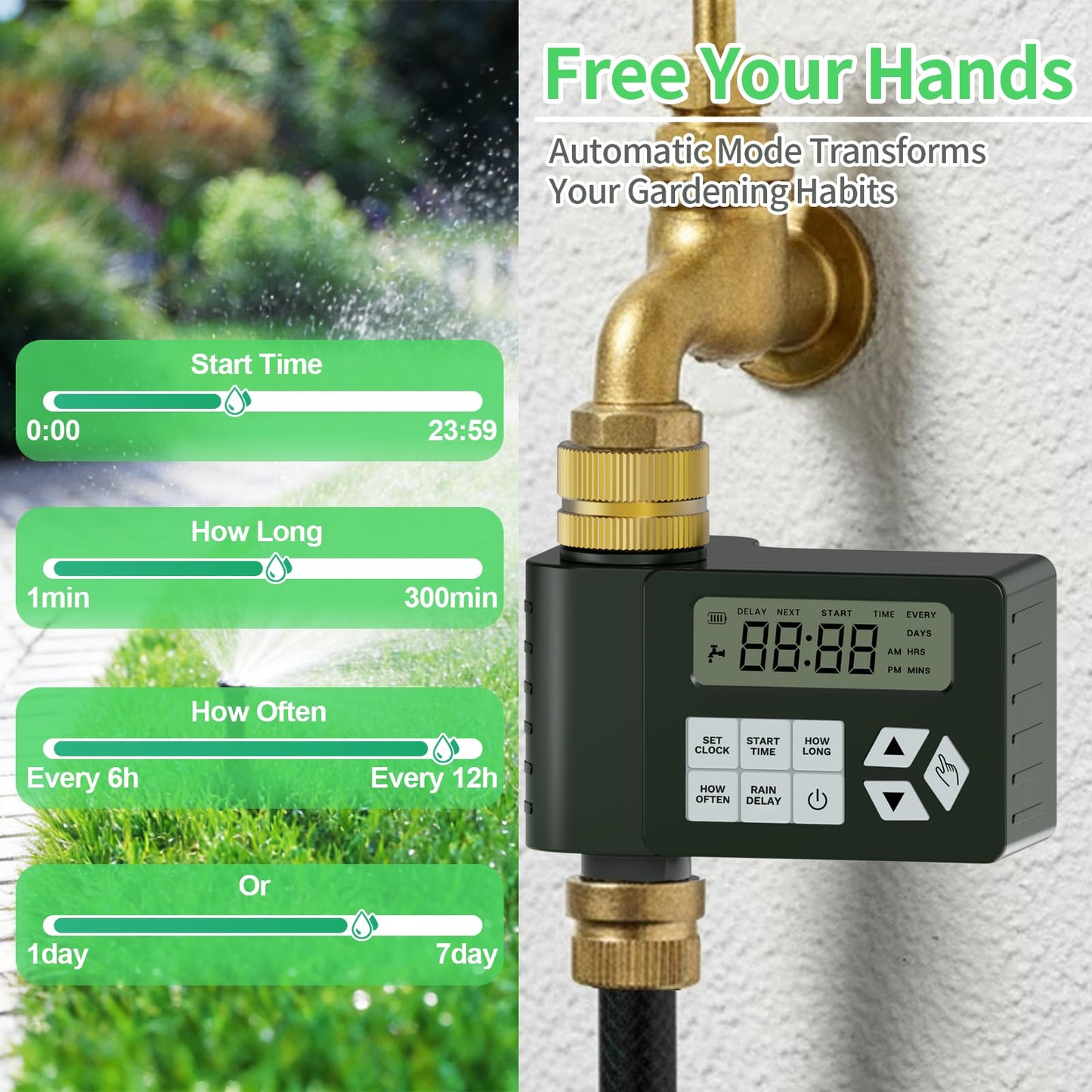Hose Faucet Water Timer for Outdoor Garden with Brass Inlet, Ortis Programmable Sprinkler Timer with Rain Delay/Manual/Automatic Mode, IP67 Leak-Proof Design for Lawn Yard, 1 Outlet