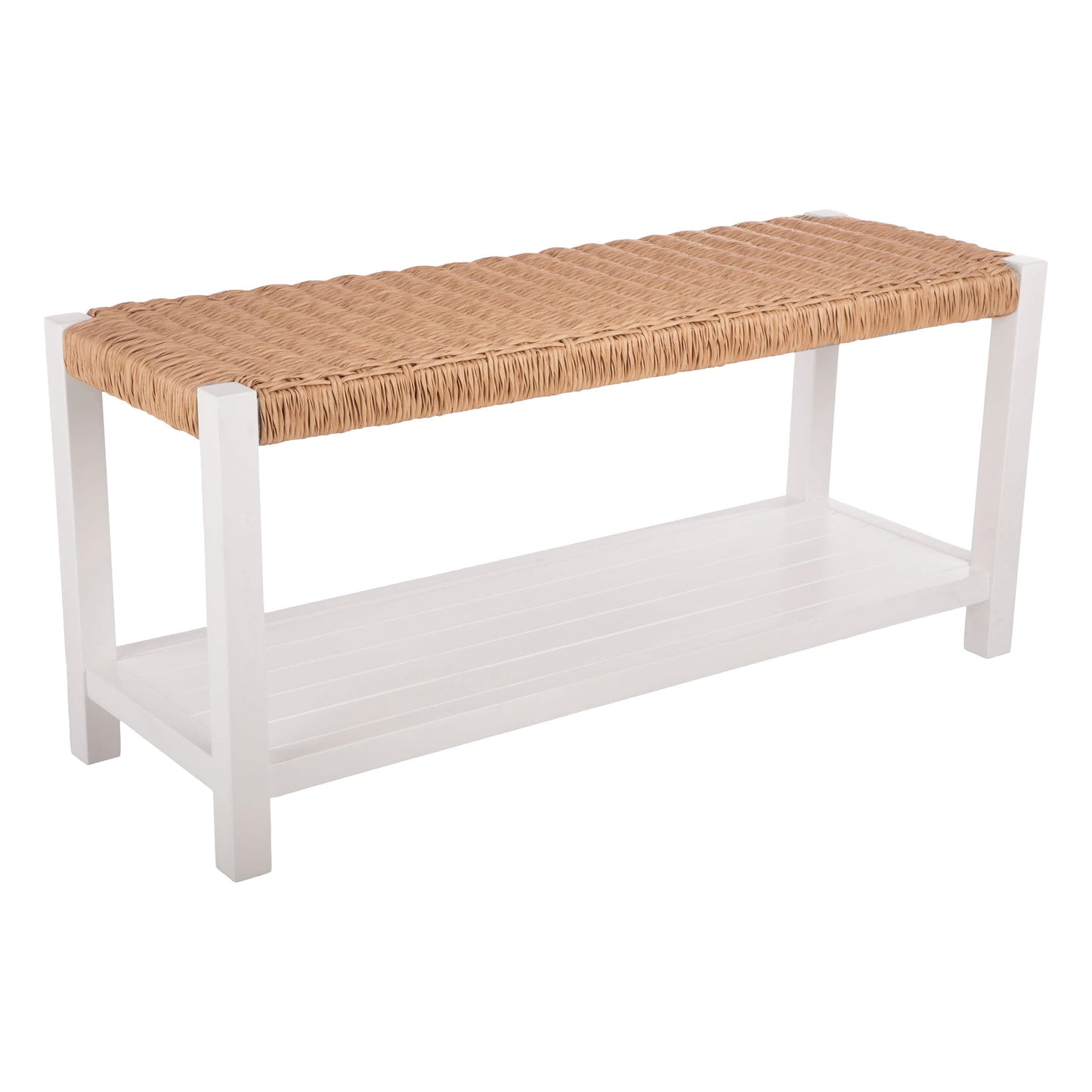 Alaterre Furniture Bench with Handcrafted Woven Rope Seat - Newport Collection 40-Inch Wood Bench with Storage Shelf for Entryway or Hallway - Indoor Furniture (White)