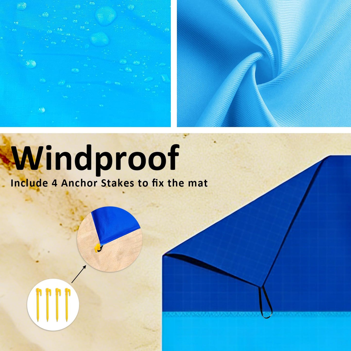 PLACHIDAY Beach Blanket Sandproof - Extra Large Beach Mat Waterproof Sand Free Mat, Quick Drying Durable Camping Blanket for Outdoor Picnic, Travel, Camping, Hiking - 79''x83'' with Stakes & Hook