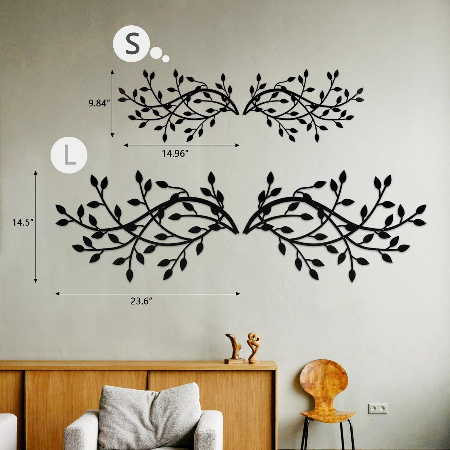 Meltset Metal Tree Leaf Wall Decor, Vine Olive Leaf Branch Wall Art,Black Wrought Iron Artwork above The Bed, Living Room, Indoor and Outdoor (S/Black)