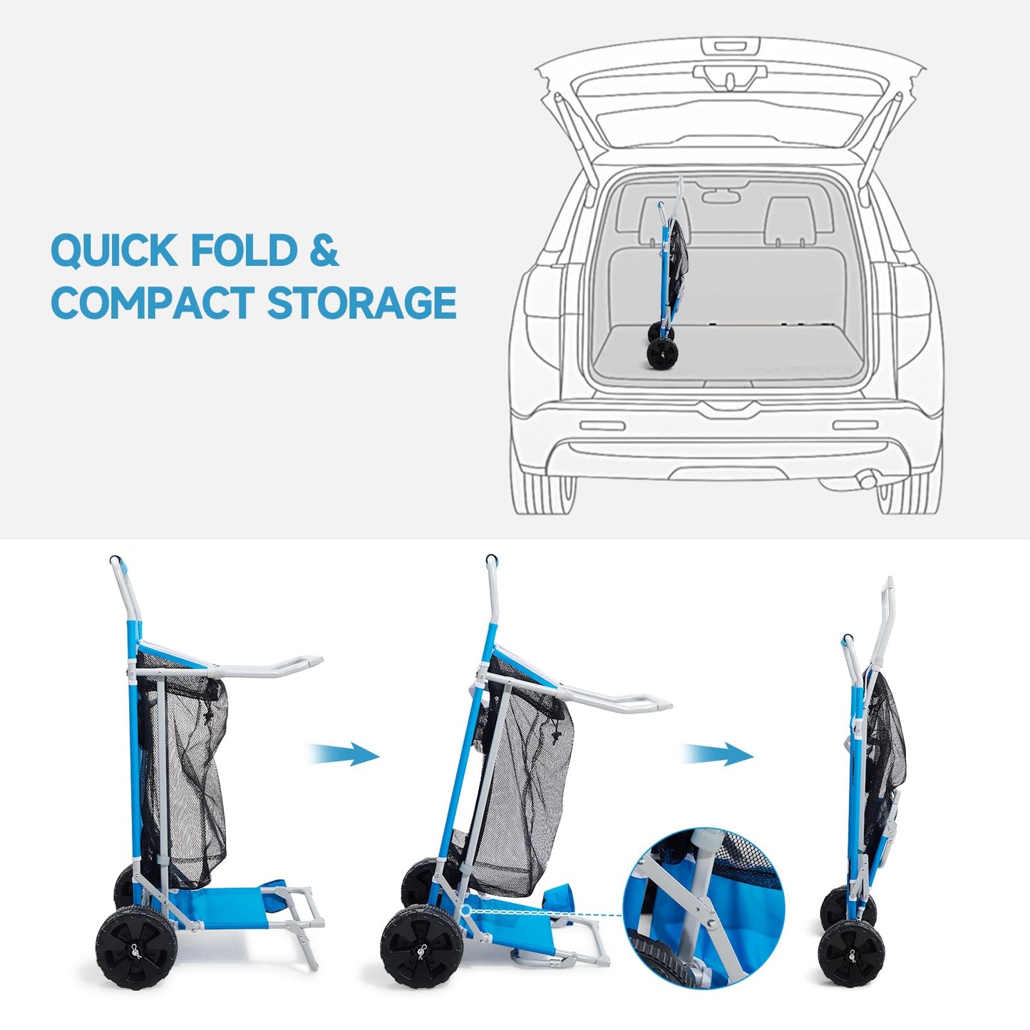 2-in-1 Beach Cart with Big Wheels for Sand, Folding Utility Wagon with Chair Holder, Mesh Storage, 4 Cup Holders, Umbrella Rack, Supports 100 lbs, Compact & Portable for Beach, Camping, Shopping, Blue