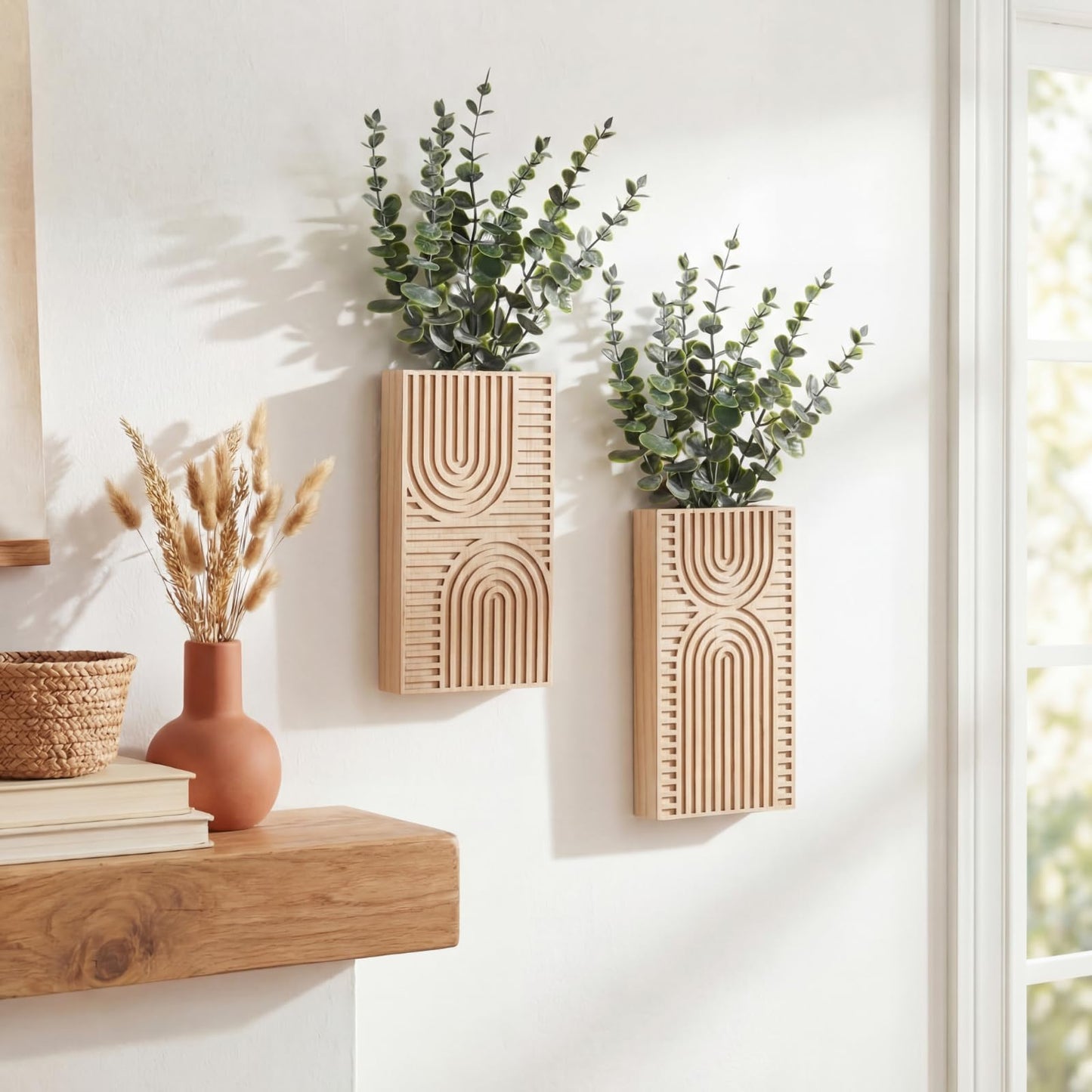 Ninehaoou 2 Pack Modern Farmhouse Wall Decor Wood Planter Vase with Artificial Eucalyptus Farmhouse Bohemian Hanging Wall Decor for Bathroom Dinning Room Living Room Hallway Bedroom(Brown)