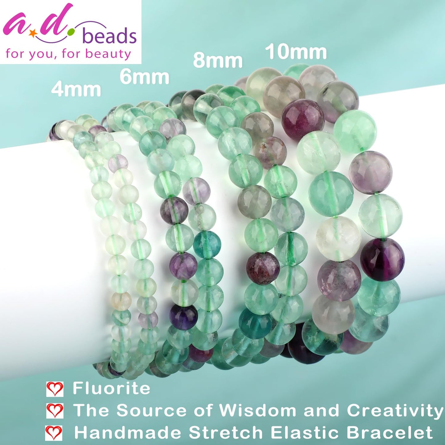 AD Beads 8mm Handmade Fluorite Elastic Bracelet – Natural Gemstone for Is the source of Wisdom and Creativity – Meditation, Yoga, Healing and Energy Gift for Men Women