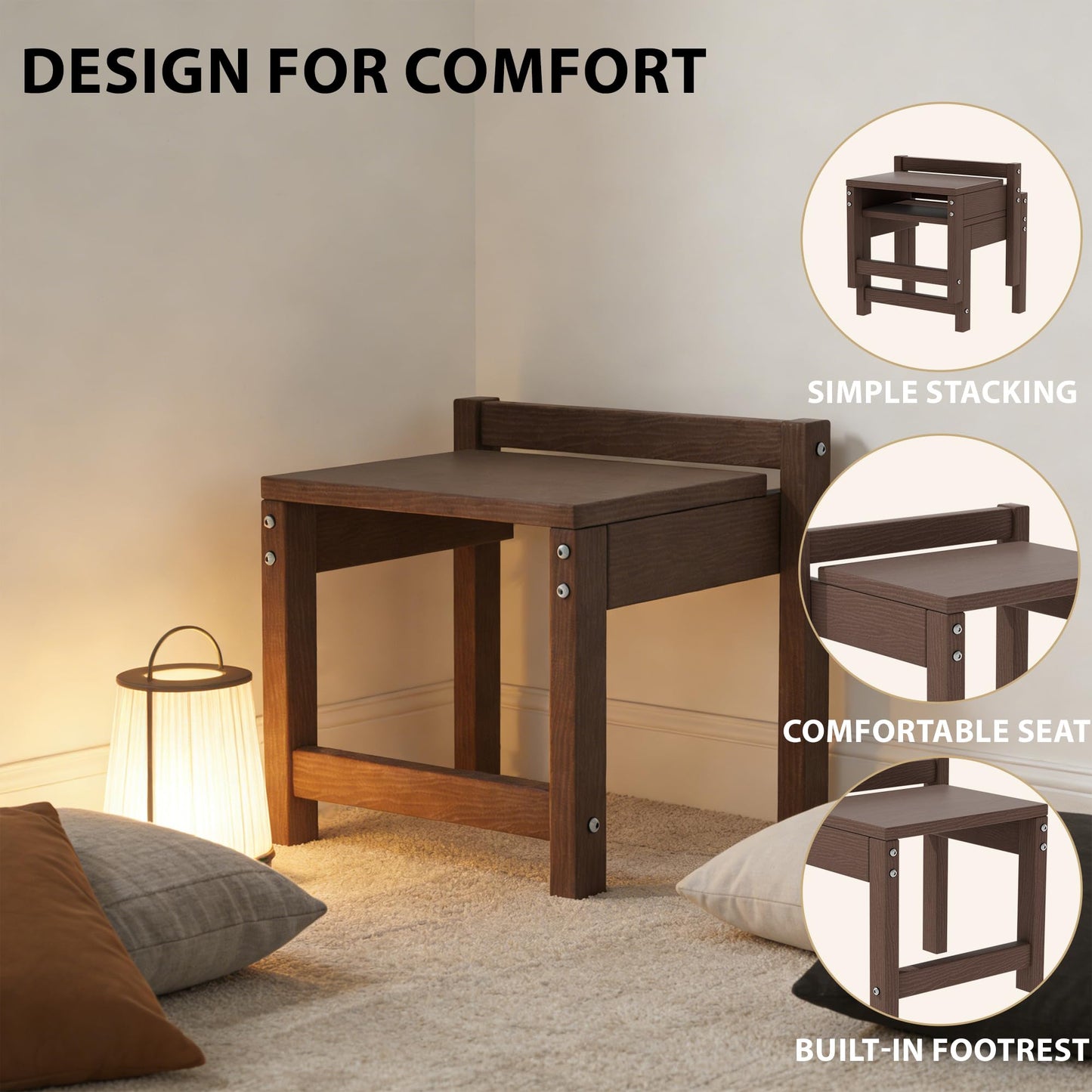 Tioline Stackable HDPE Foot Stool - All-Weather Indoor/Outdoor Seating for Patio, Living Room & Bathroom, Waterproof Windproof Heavy-Duty High-Density PE Step Stool, 2 Sets, Brown
