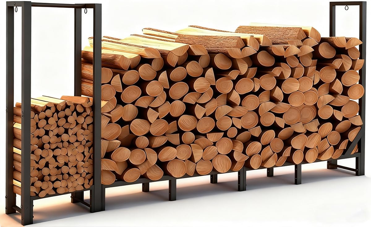 Shomextol 8ft Large Firewood Rack Outdoor, Heavy Duty Metal Wood Rack with Kindling Storage - For Indoor & Outdoor Fireplace, Wood Pile Organizer,Black