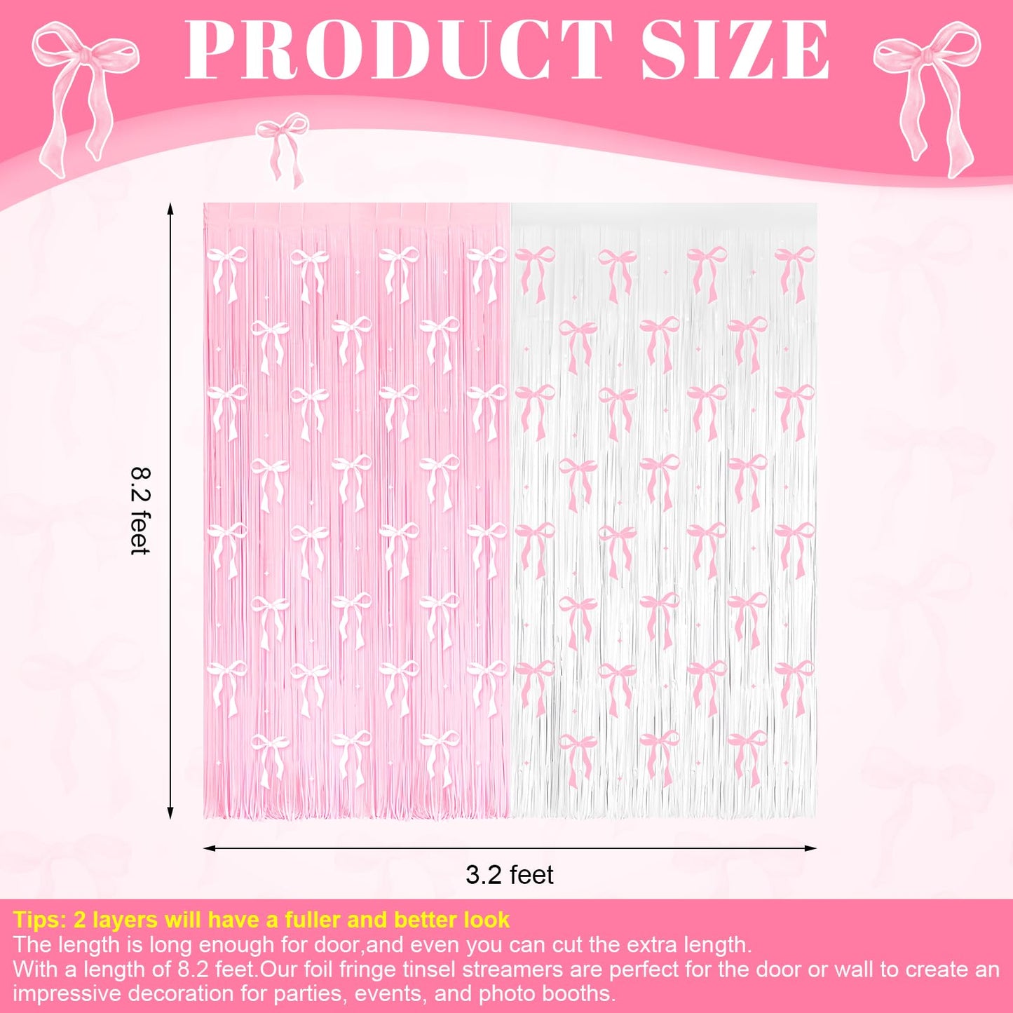4 Pack Pink Bow Party Backdrop Decoration Pink Bow Foil Fringe Curtains for Girls Bow Birthday Baby Shower Decorations Bridal Shower Bachelorette Party Decor Supplies 3.2ft X 8.2ft