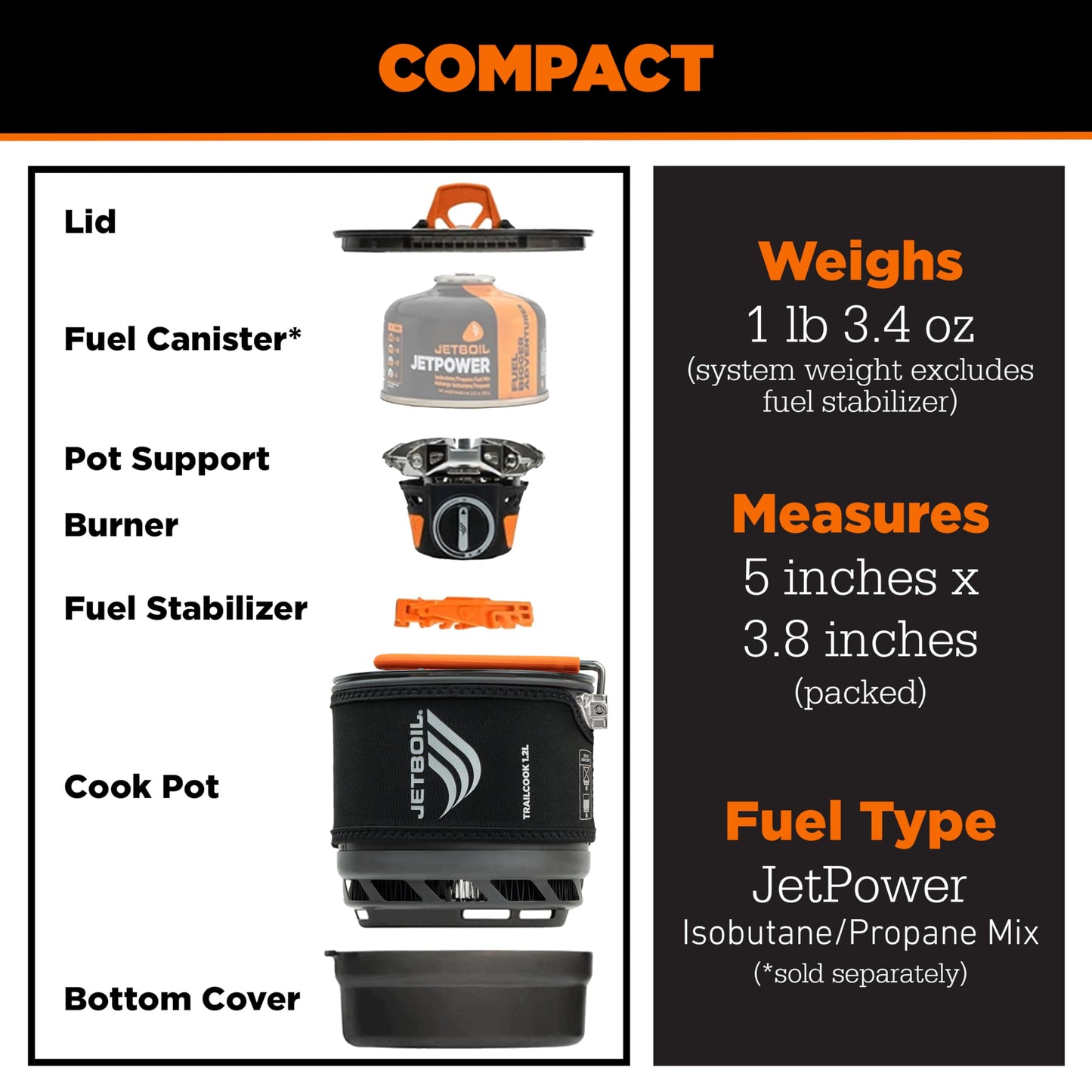 Jetboil TrailCook 1.2L Camping and Backpacking Stove Cooking System with Adjustable Heat Control, New for 2026, Carbon