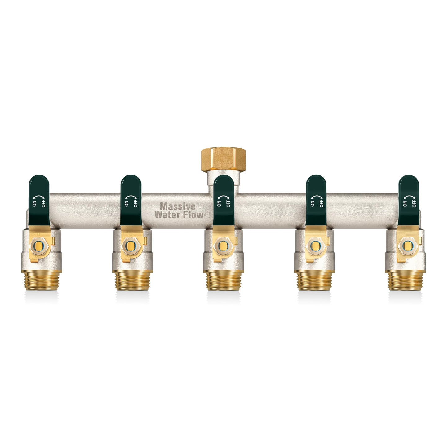 5 Way Hose Splitter, Heavy Duty Full Flow Garden Hose Splitter with 4 Large Metal Handles, Brass Water Hose Bib Splitter, T Adapter Connector with 3/4 - Inch GHT Thread (Green)
