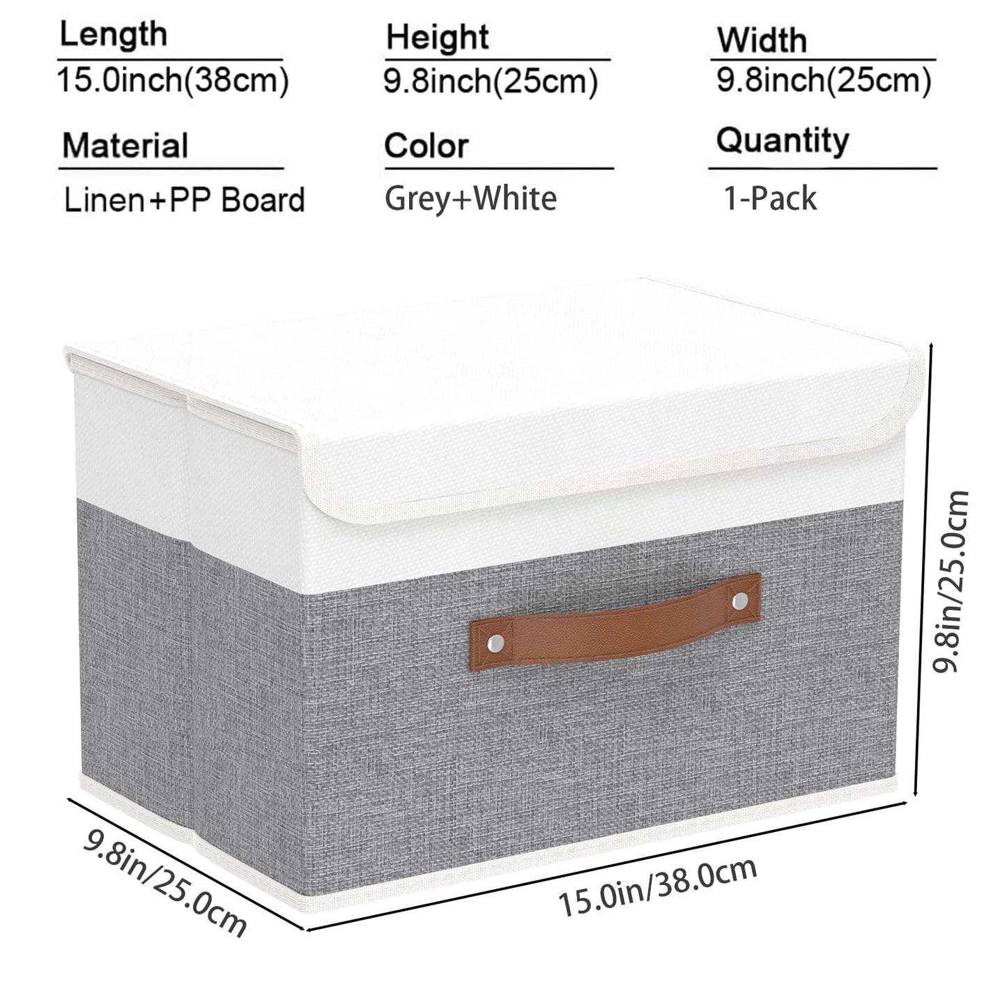 Yawinhe Storage Boxes with Lids, Linen Fabric Bin, Cube Organizer Basket, Washable and Leather Handle, for Home, Closet, White/Grey, 15.0''Lx9.8''Wx9.8''H, 1-Pack, USNK024WGL-1