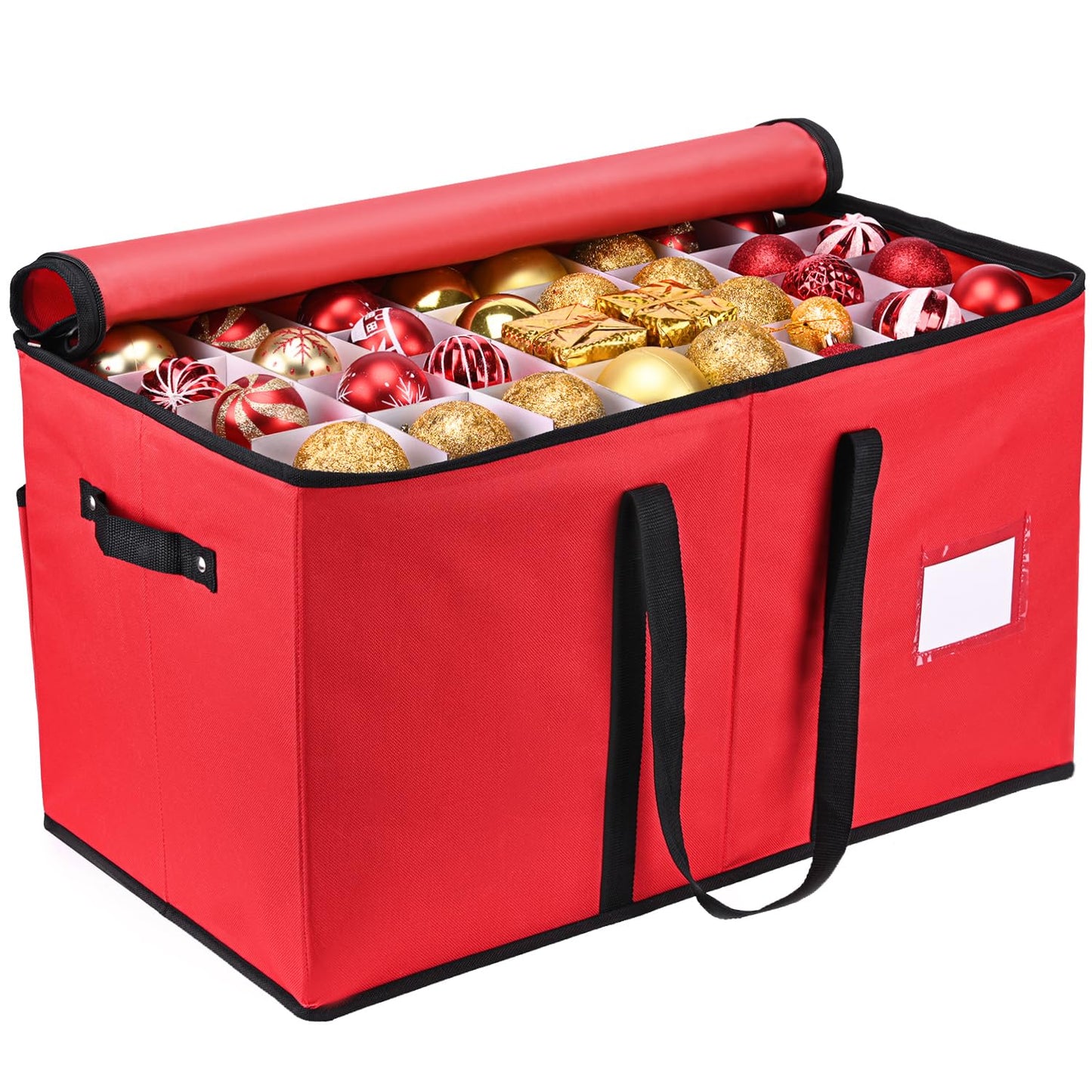 Mrrihand Christmas Ornament Storage Box, Xmas Decoration Organizer with Adjustable Dividers - Storage Container Keeps 128 Holiday Ornaments 3-Inch, Dual Zipper Closure, 600D Tear-Proof Material(Red)