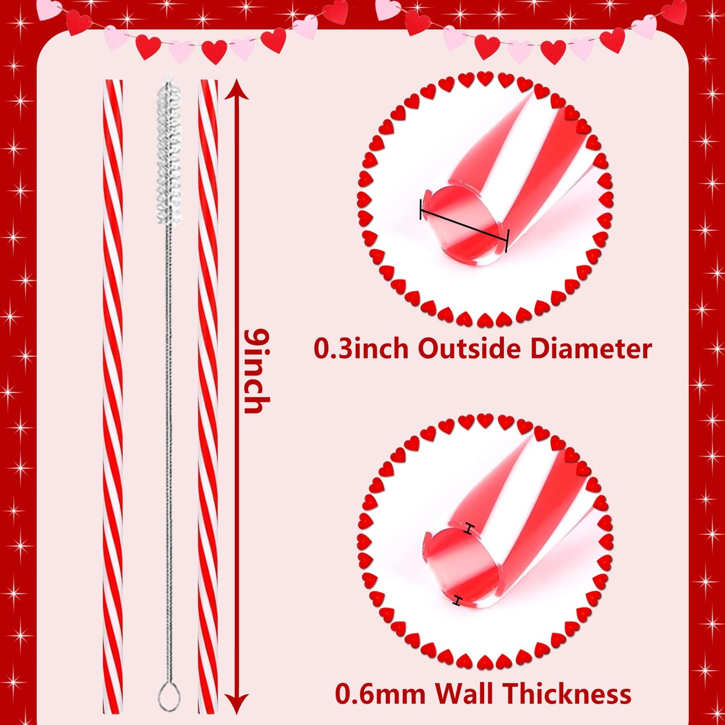 50 PCS-Christmas-Valentine’s-Party-Decoration-Supplies-Straws - Reusable Red and White Striped Straw，9 Inch Hard Plastic Drinking Straws for Holiday Decor Wedding Valentine’s Day Easter Party Favors