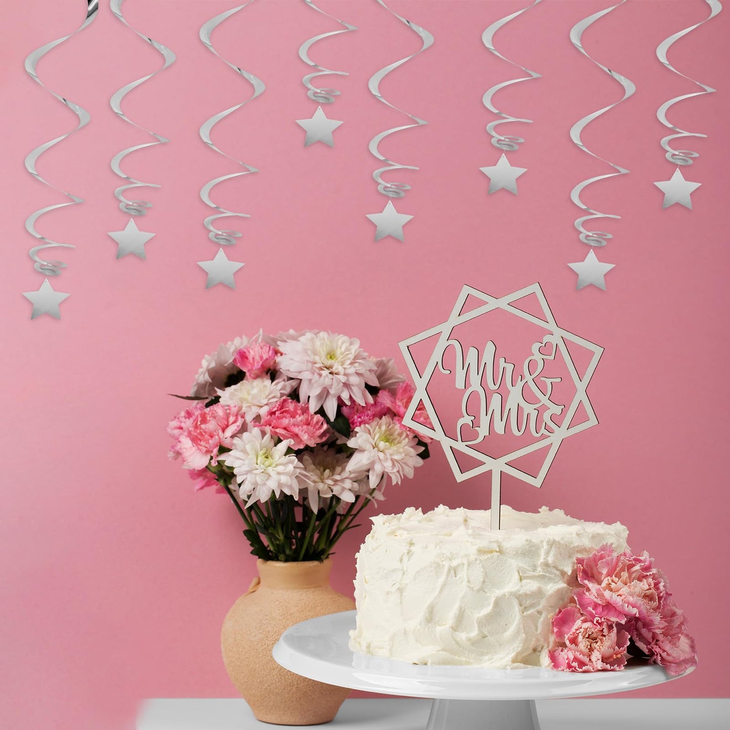 20 PCS Silver Hanging Stars for Ceiling, Silver Star Streamers Foil Swirls Party Decorations for Ceiling Graduation Wedding Baby Shower Party Supplies