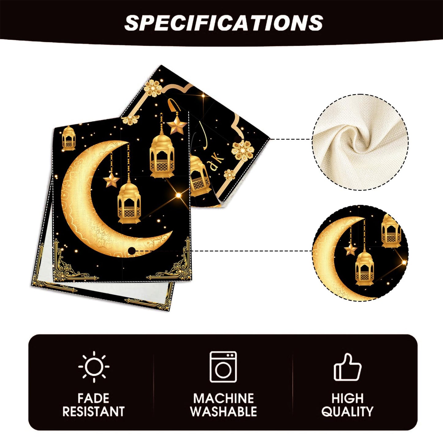 Eid Mubarak Table Runner Table Decorations,Eid Decorations for Home Black and Gold Holiday Kitchen Dining Table Runners with Moon,Star and Lantern for Islamic Table Decor Party Supplies 13 x 72 Inch