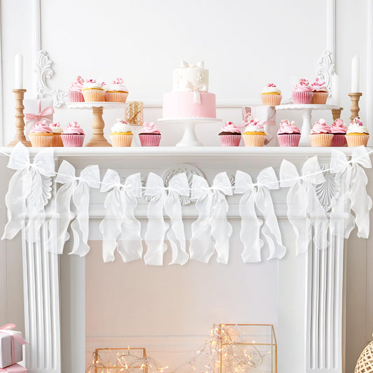 White Ribbon Bow Garland Banner, Girls Bow Birthday Party Decorations, Baby Shower Decor, Tying The Knot Bridal Shower Engagement Wedding Valentines Day Bows Party Supplies