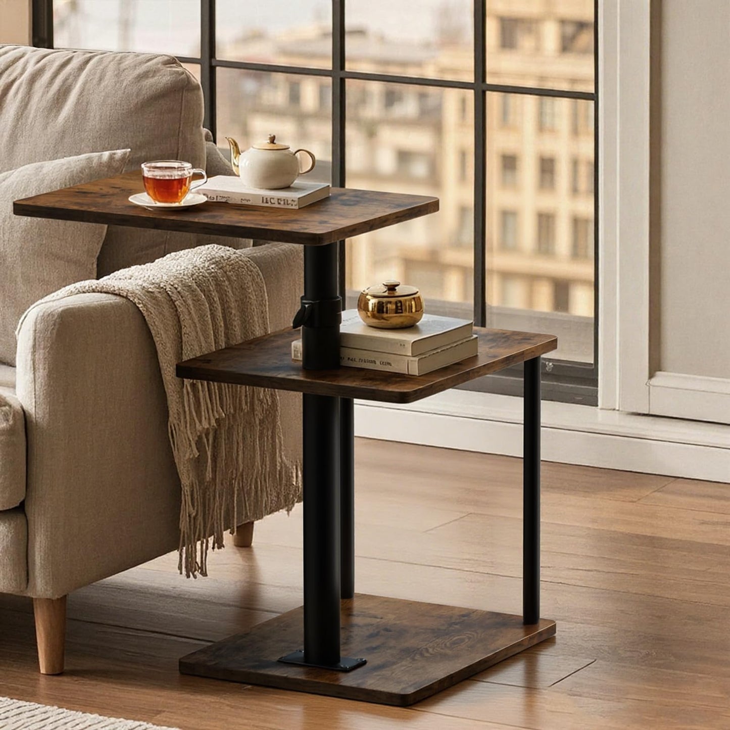 Faesun 360° Swivel Side Table for Height Adjustable, C Shaped End Table for Couch with Storage, 3-Tier Night Stand with Open Shelf, Tv Tray for Small Spaces, Living Room, Bedroom, Rustic Brown