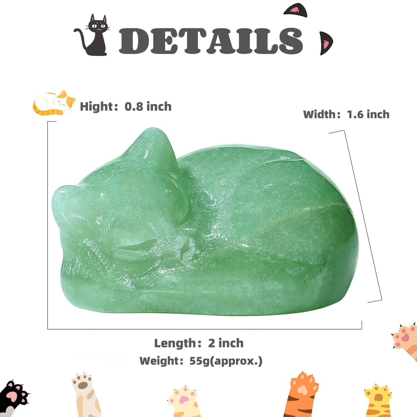 YATOJUZI 2" Cat Decors Statues Green Aventurine Crystals Sleeping Cats Gemstone Hand-Carved Cute Animal Statue Figurine Home Office Desk Decor Lucky Energy Reiki Kitten Ornaments Gifts for Women Men