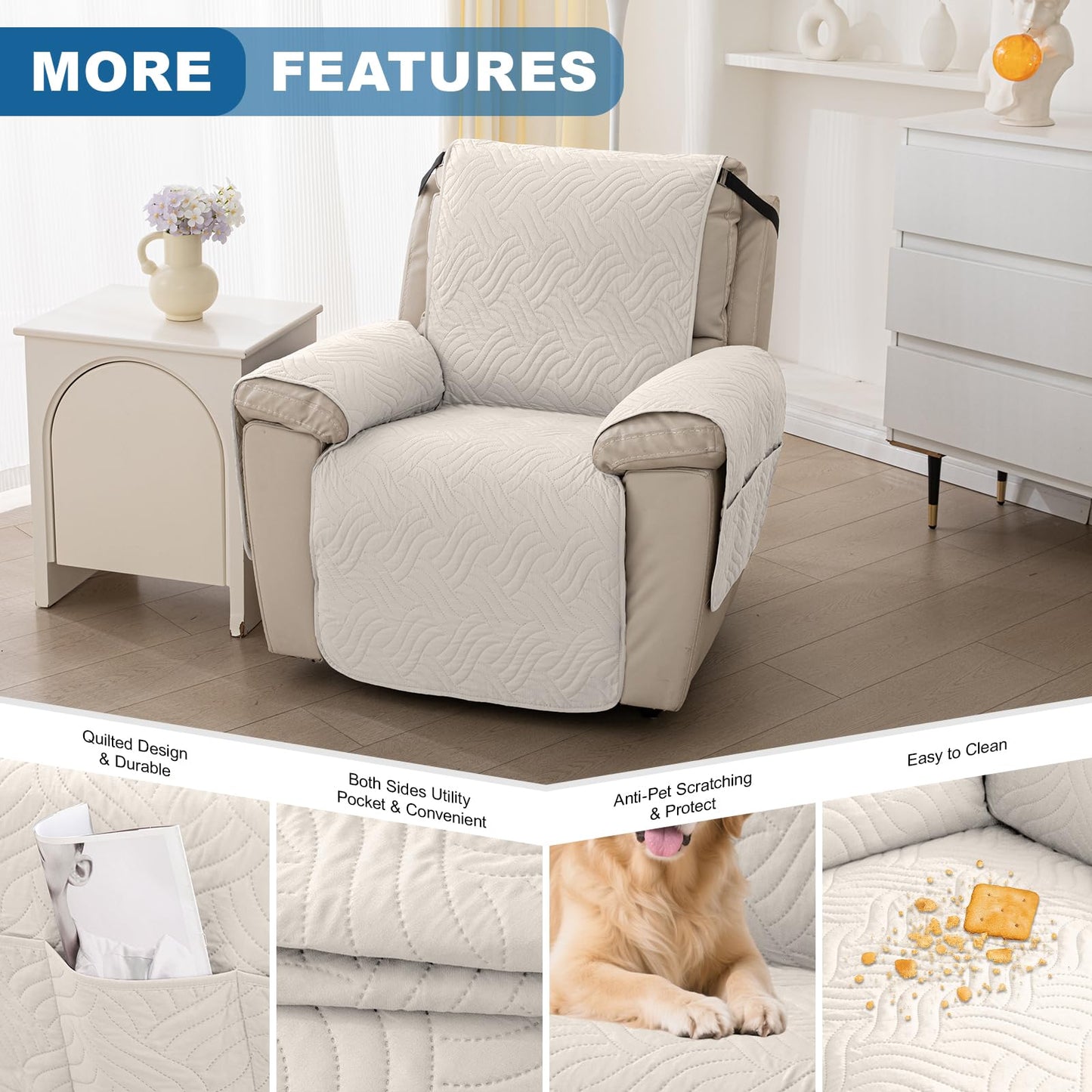 Deep Dream Waterproof Recliner Chair Covers, Non-Slip Recliner Couch Cover, Lazy Boy Chair Cover Furniture Protector, Washable Quilted Sofa Slipcover with Pocket for Pets, Kids(Off White, 23")