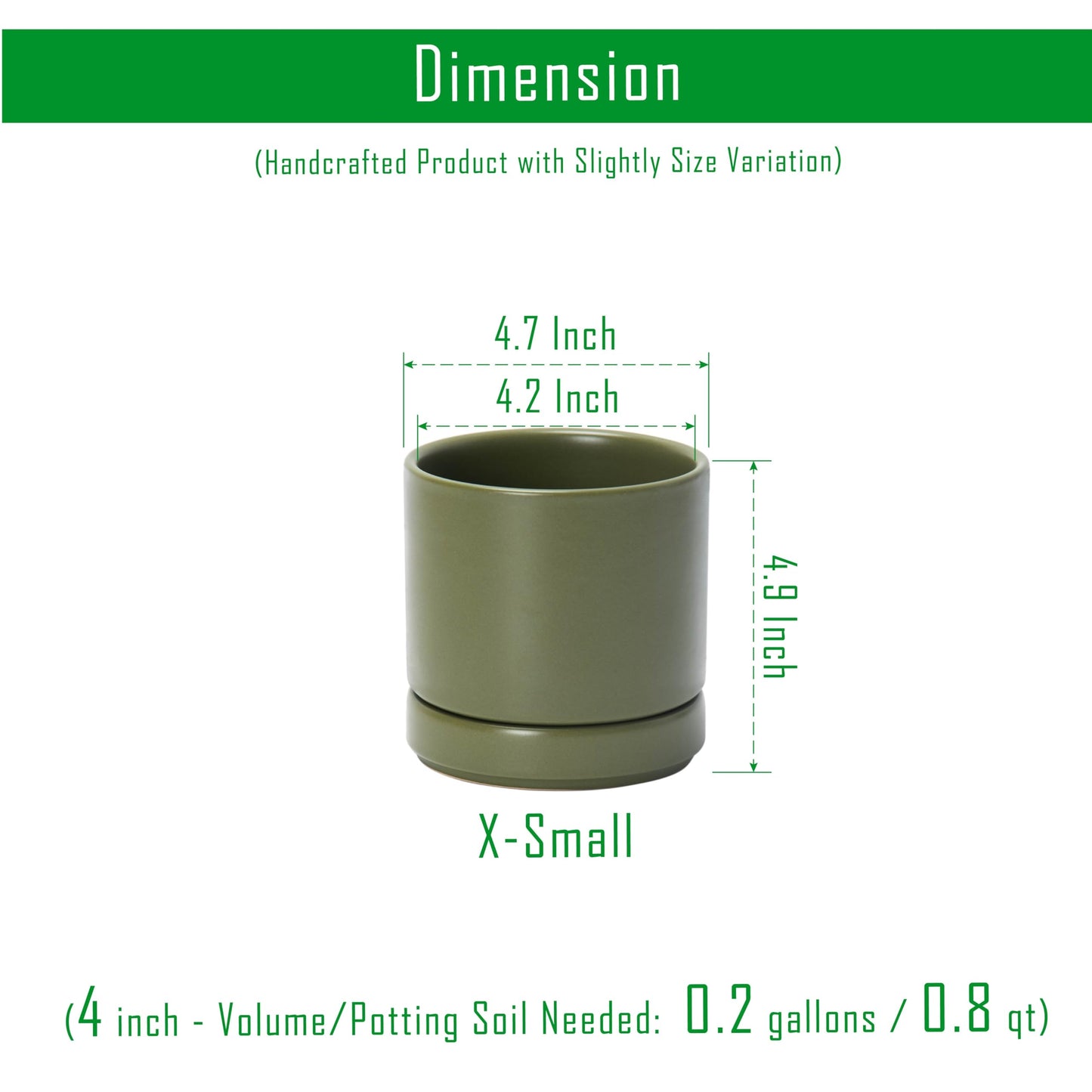 D'vine Dev 4.7 Inch Ceramic Planter Pot with Drainage Hole and Saucer, Indoor Cylinder Round Planter Pot, Olive, 94-O-B-J