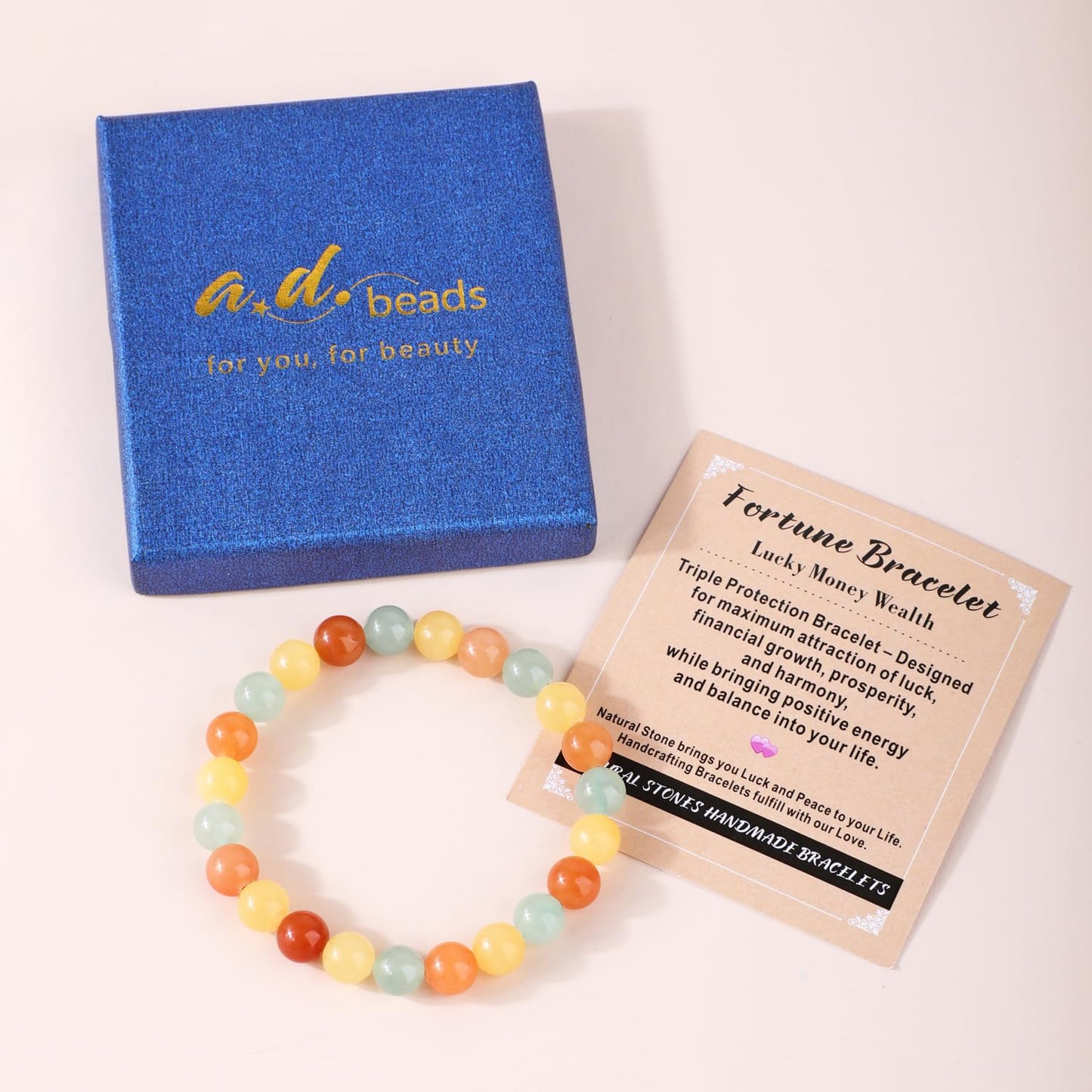 AD Beads 8mm Handmade Fortune Bracelet Elastic Bracelet – Natural Gemstone for Lucky Money Wealth – Meditation, Yoga, Healing and Energy Gift for Men Women
