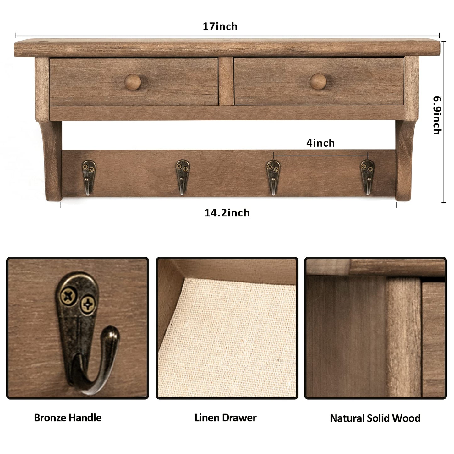 Emfogo Coat Hooks Mounted, Rustic Wood Coat Rack Mount Shelf with Hooks, Farmhouse Coat Rack with Shelf & Coat Hook for Entryway, Mudroom, Bedroom, Kitchen, Bathroom(Walnut)