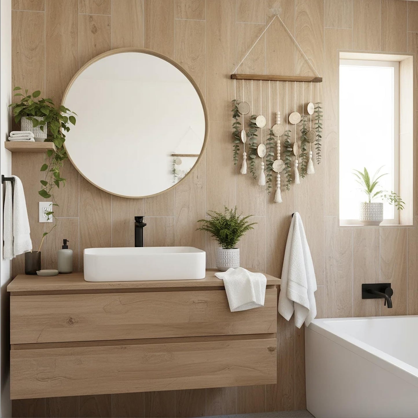 Boho Wall Decor Artificial Eucalyptus Wall Hanging Decor Fake Eucalyptus Plants hunging on Carbonized Wooden Stick for Bathroom Bedroom Nursery Living Kitchen Dining Room
