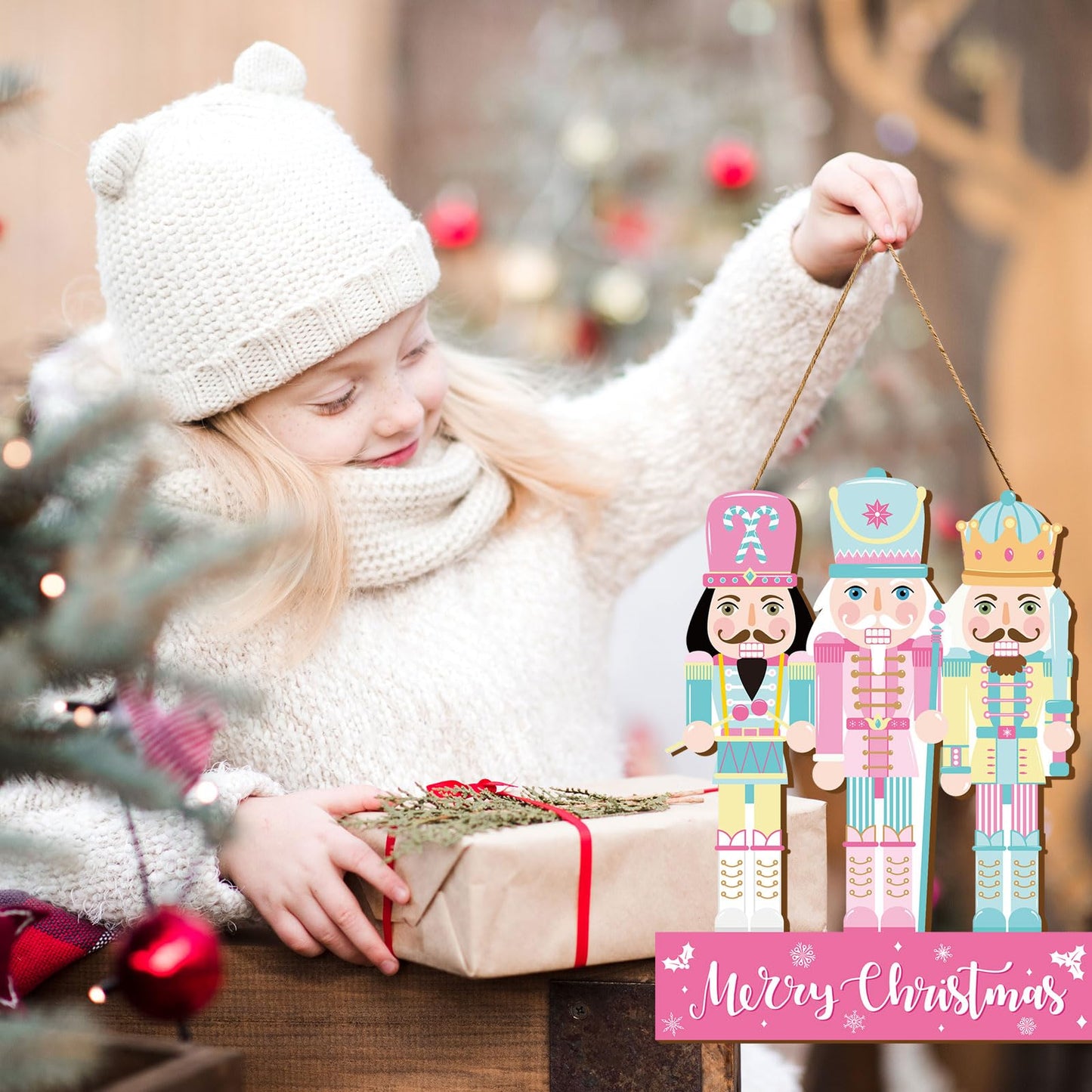 Whaline Christmas Wooden Hanging Sign Xmas Pink Blue Nutcracker Welcome Wood Sign Holiday Door Decor Signs for Indoor Outdoor Porch Wall