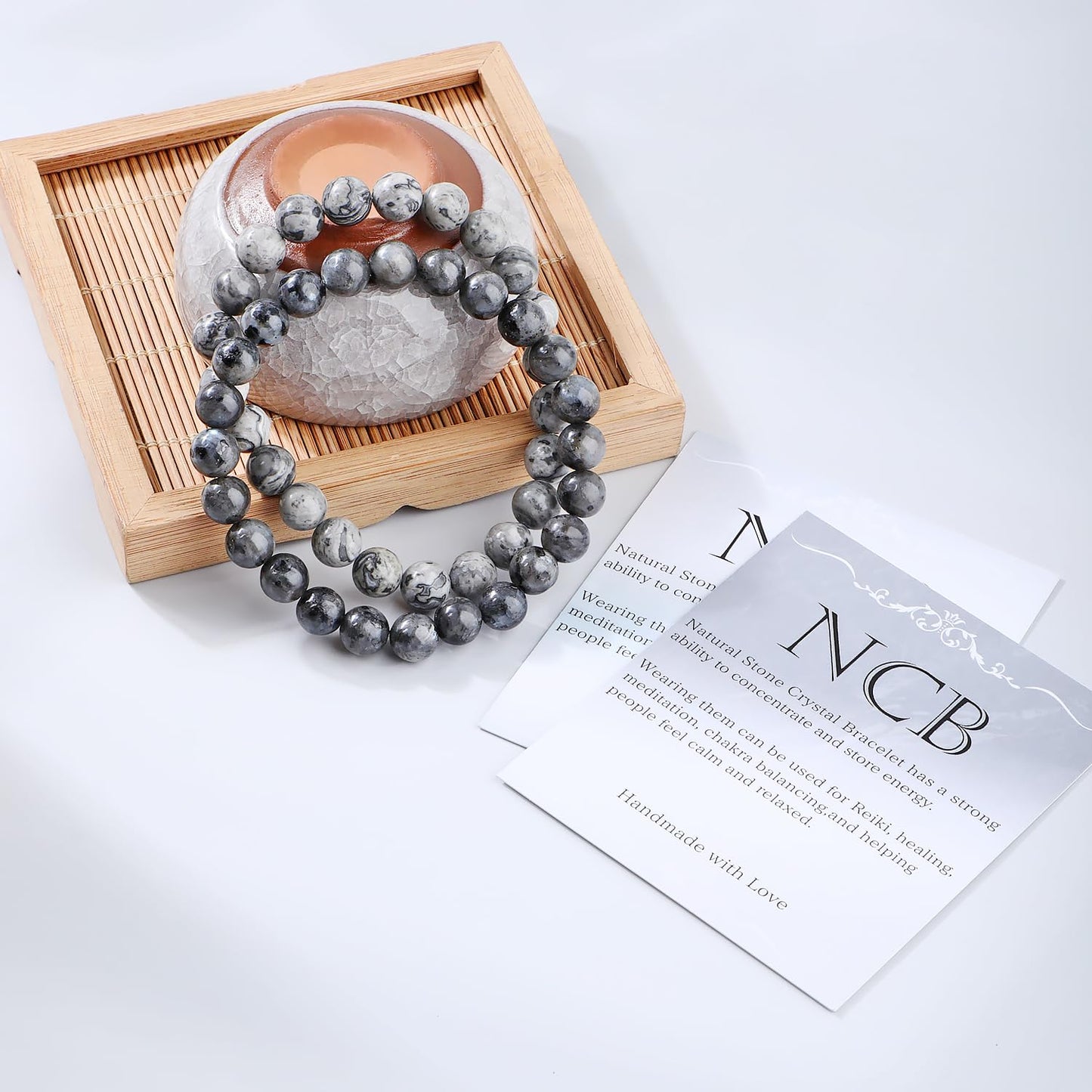 NCB 2-Piece 8mm Natural Crystal Gemstone Stretch Bracelets – ﻿Black Larvikite, Map Jasper Handmade Reiki Energy Healing Jewelry for Meditation,Yoga, Unisex