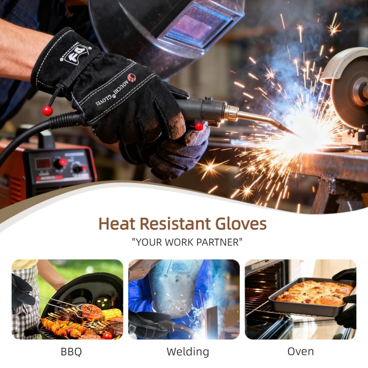 AOUCHI Leather Gardening Gloves for Men, Work Gloves for Welding, Mechanics, Construction, Thorn Proof (Black, X-Large)