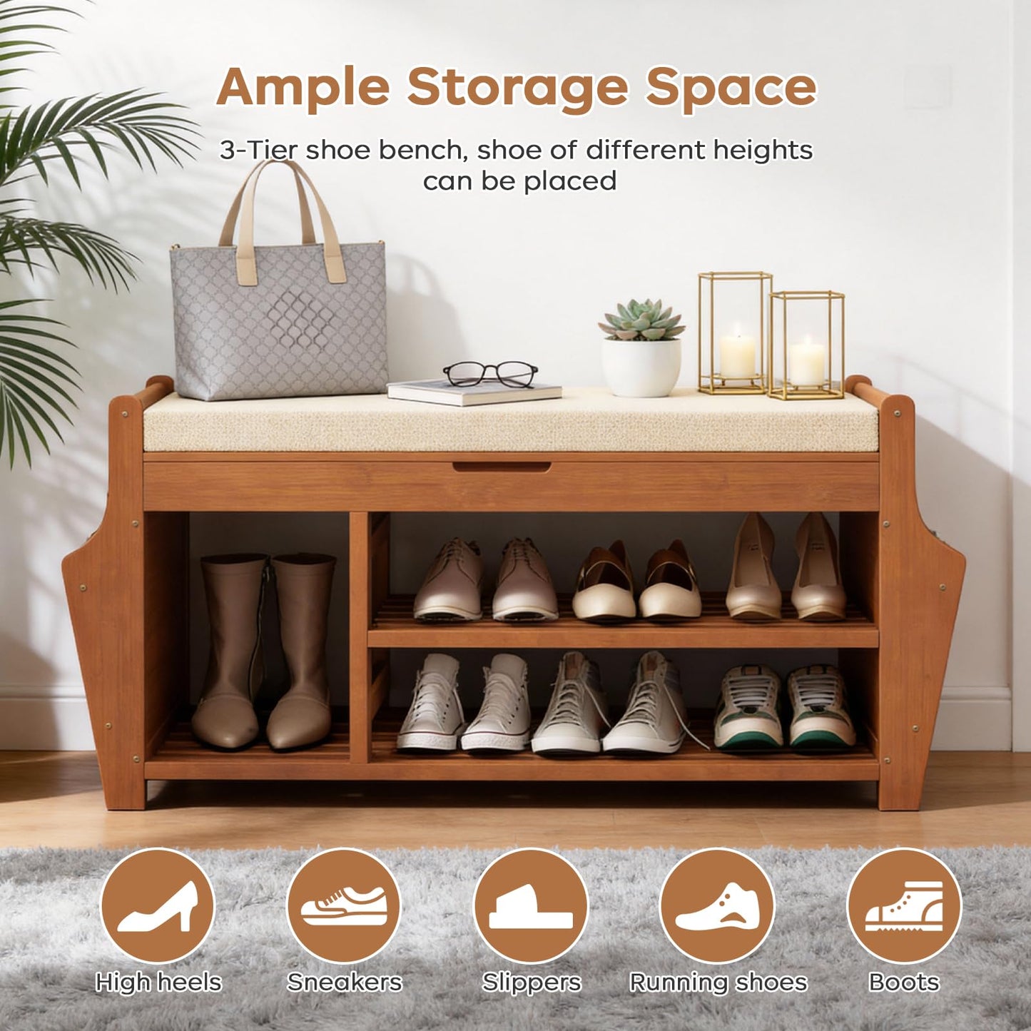 oakvivo 39.4in Shoe Bench with 2 Side Holder, 3 Tier Bamboo Entryway Bench with Storage, Shoe Rack Bench Organizer with Cushion for Entryway Hallway Living Room, Holds up to 330lbs