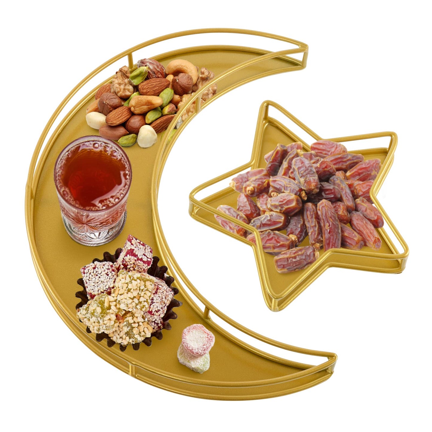 2PCS Ramadan Serving Trays Decorations for Home - Moon Star Shaped Eid Mubarak Table Decor Gifts, Islam Muslim Al-Fitr Iftar Party Crescent Iron Platters Dishes (Hollowed-Out)