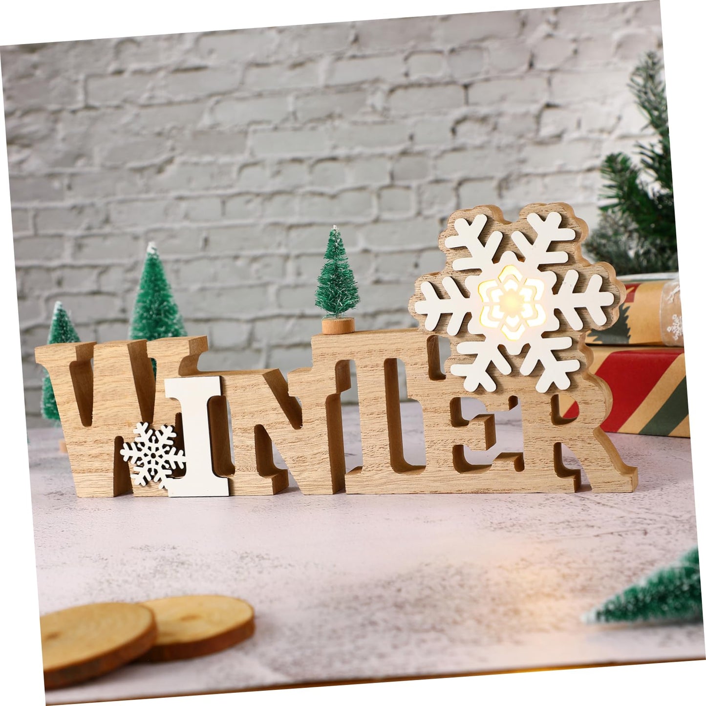 Garneck Wood Winter Sign with Snowflake LED Winter Decorations for Home Rustic Christmas Wooden Word Tabletop Centerpiece Decoration Standing Wood Plaque Sign for Xmas Home Office Shelf Mantel Party