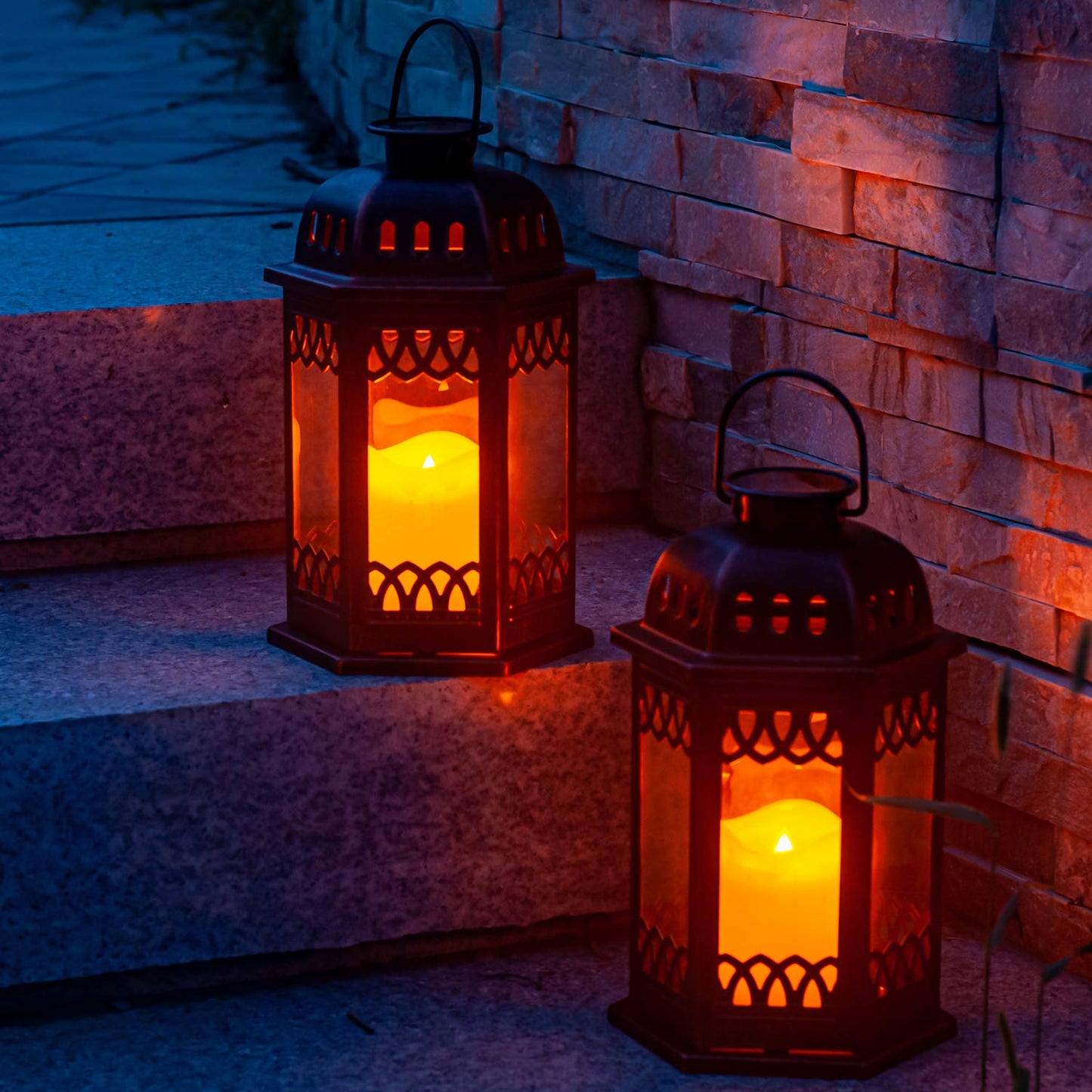 SteadyDoggie Solar Lanterns 2 Pack Bronze - Retro Ornate Hanging Lantern with Handle, Outdoor Lantern with Flickering Candle LED, 6.60 x 6.60 x 10.60 in