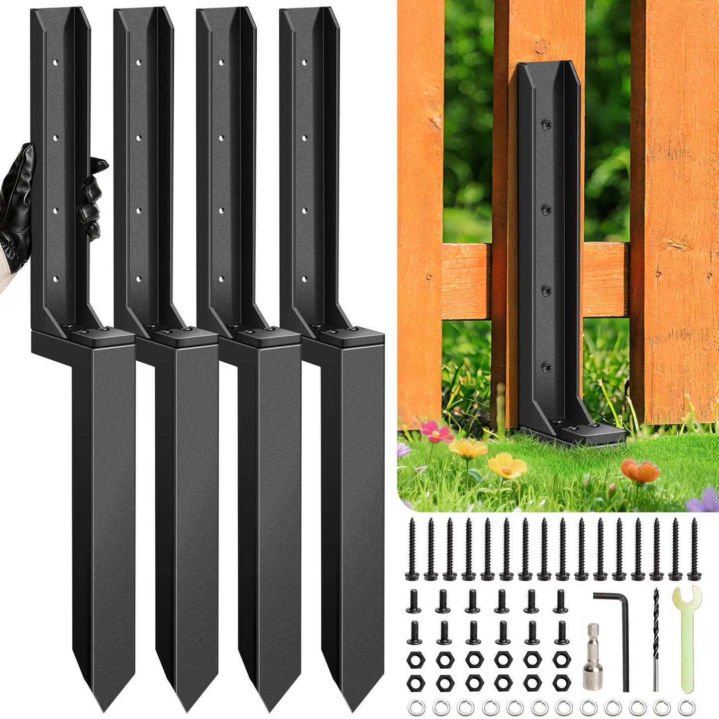 4 Pcs Fence Post Repair Kit, Heavy Duty Fence Post Anchor Ground Stakes for Repair Tilted, Broken Wood Support