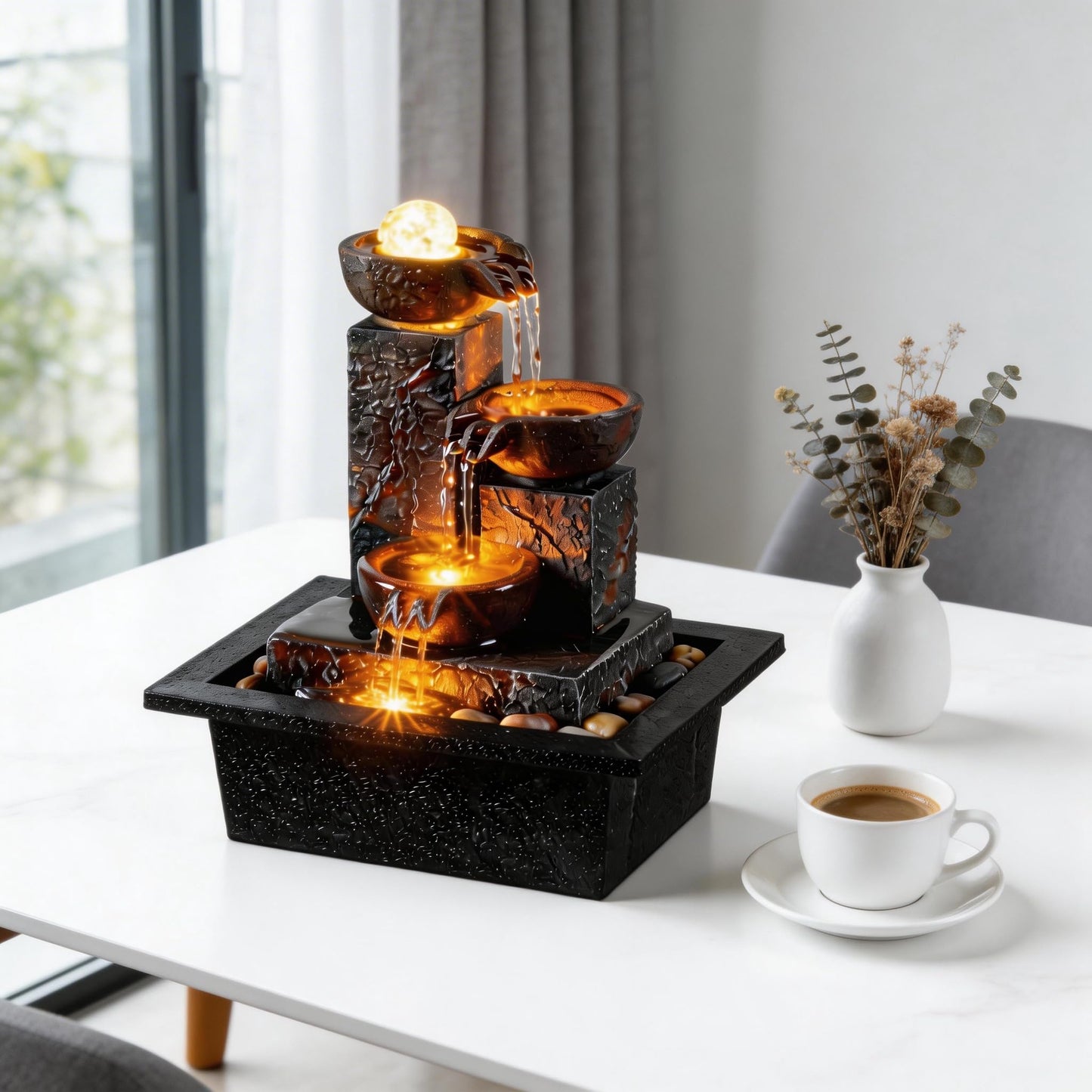Tolevoit Three Bowls with Rotating Ball Flowing Tabletop Fountain Home Décor Indoor Decor Waterfall Sound Zen Mini Fountain Warm Led Light Pebbles Stone(23114)