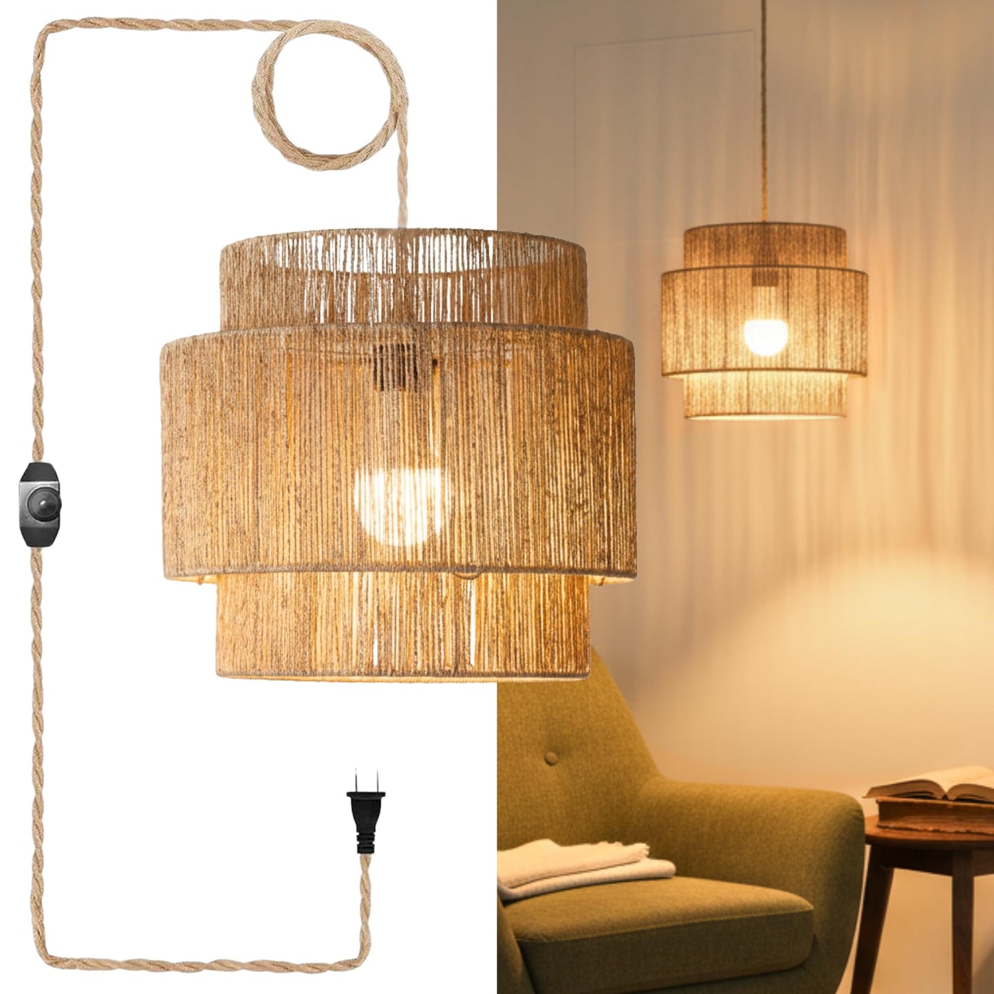 Chi An Home 11.8" Boho Jute Plug in Pendant Light, Handwoven Natural Hanging Lamp Plug in with Dimmable Light Switch, Wicker Hanging Light Fixture for Bedroom Living Room Kitchen (No Bulb Included)