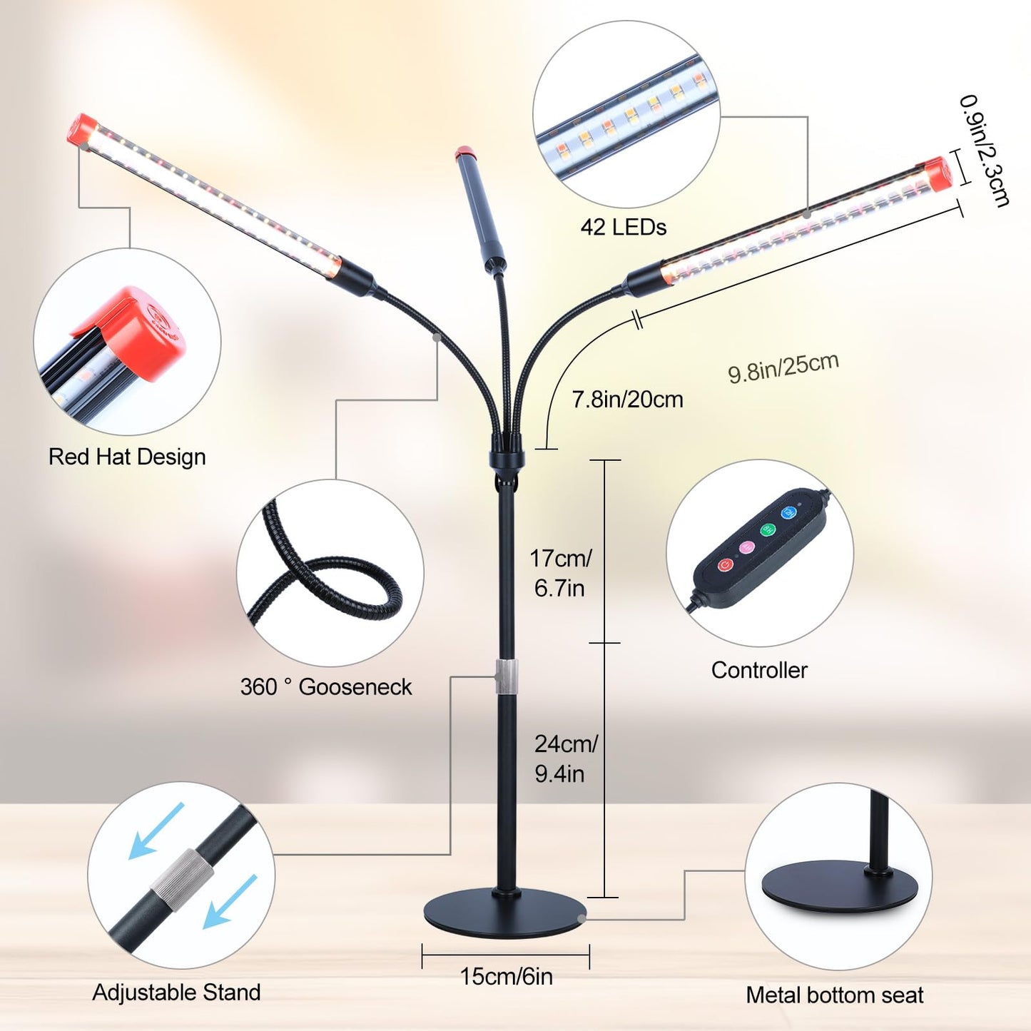 FRGROW 3Head Tabletop Grow Lights for Indoor Plants, Seed Starting, Vegetables, Bonsai, Bright Desk Plant Growing Lamps, 4/8/12/16/20H Timer, 27 Watt Power Draw, NO Need Adapter, 360° Gooseneck
