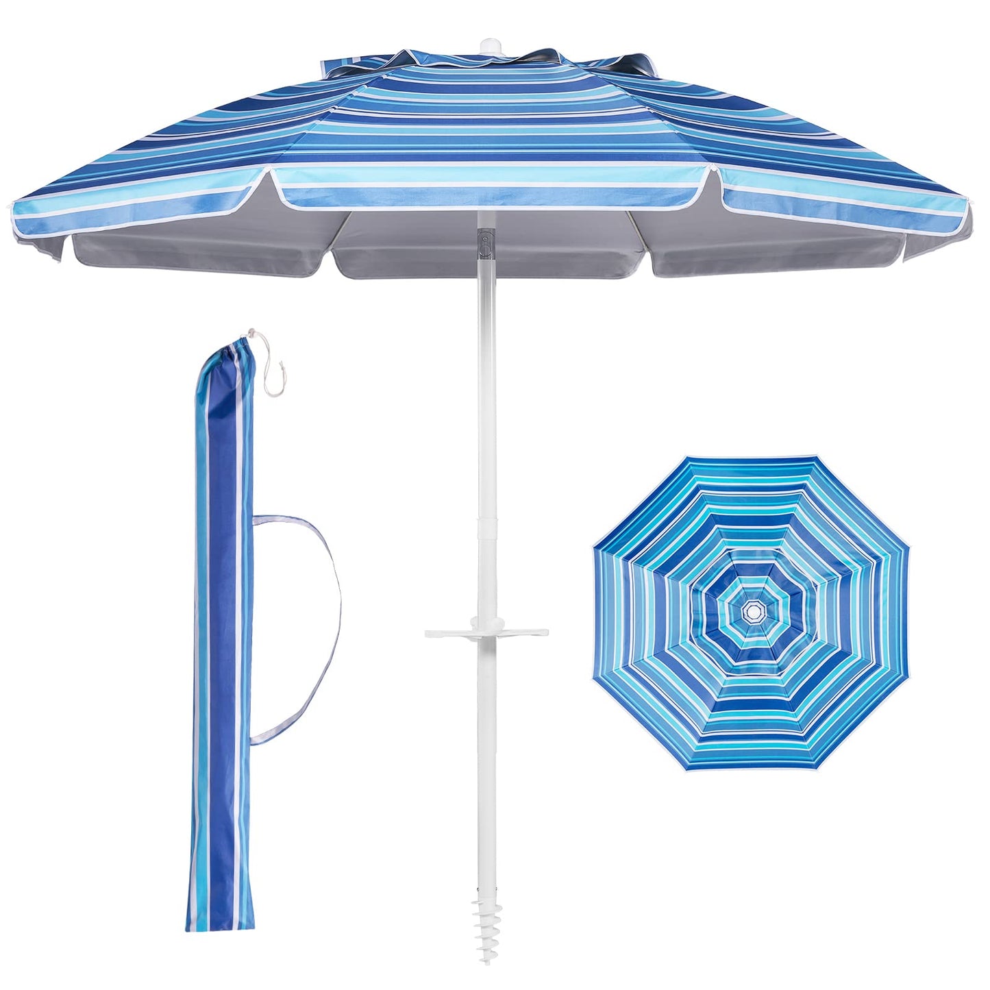 Aoxun 6.5ft Beach Umbrella with Tilt Pole, Portable Sand Anchor and Carry Bag, UPF 50+ Sun Shelter Air Vents Design for Outdoor Activities (Navy Blue & White)