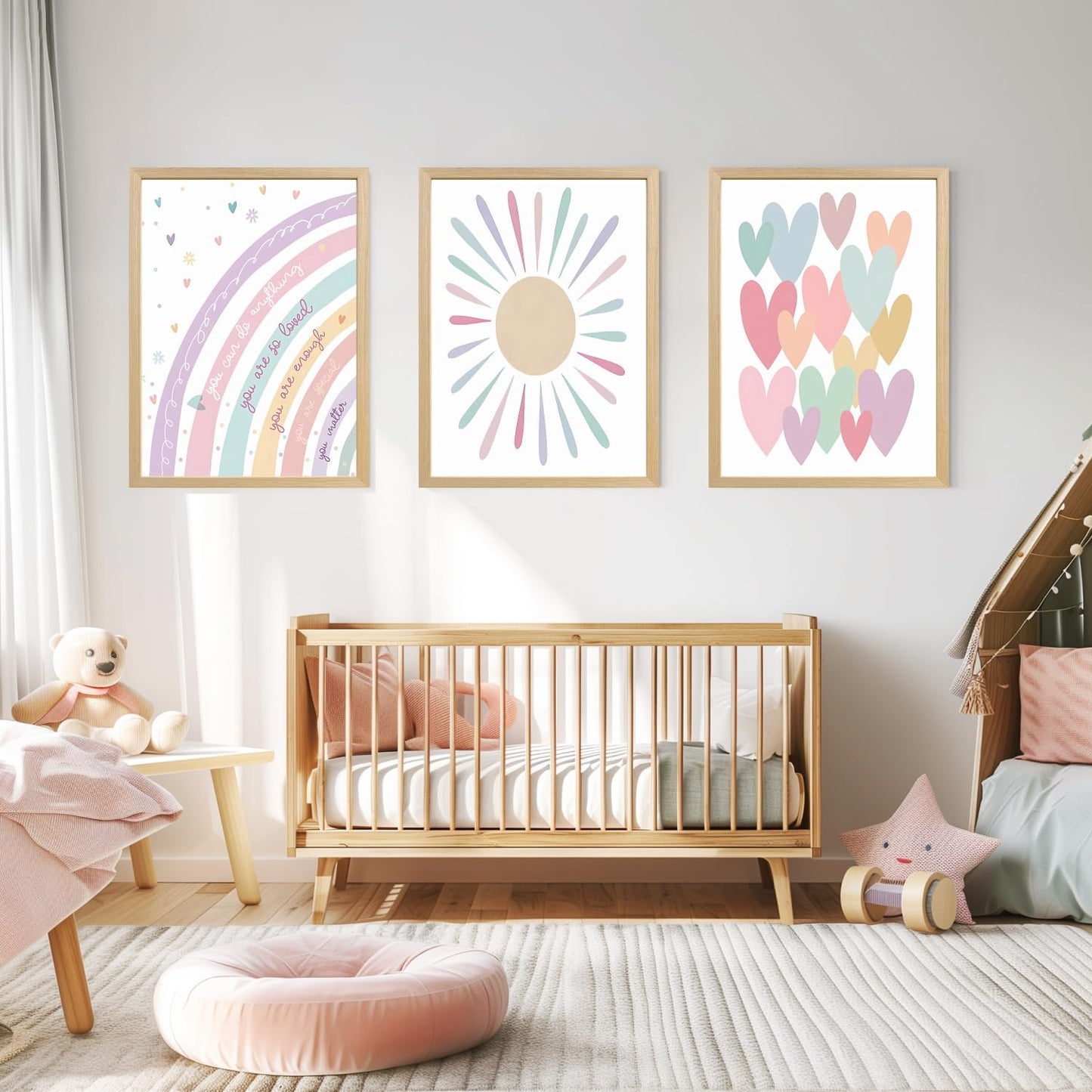 LLEEMPI Pink Heart Sun Rainbow Wall Art Set of 3, Baby Room Wall Decor, Boho Rainbow Nursery Canvas Painting, Classic Minimalist Poster Prints for Bedroom Bathroom Classroom Wood Framed 12x16 Inch